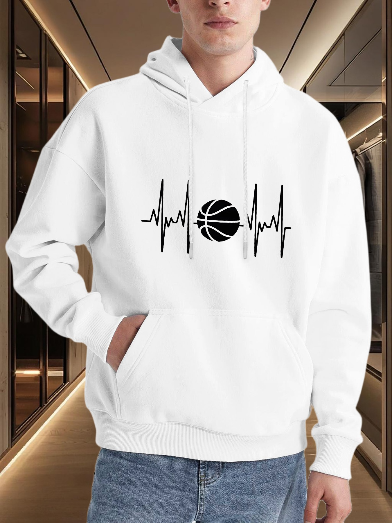Tailorly Men's Printed Hoodie - Heartbeat Lines And Modern Black Basketball