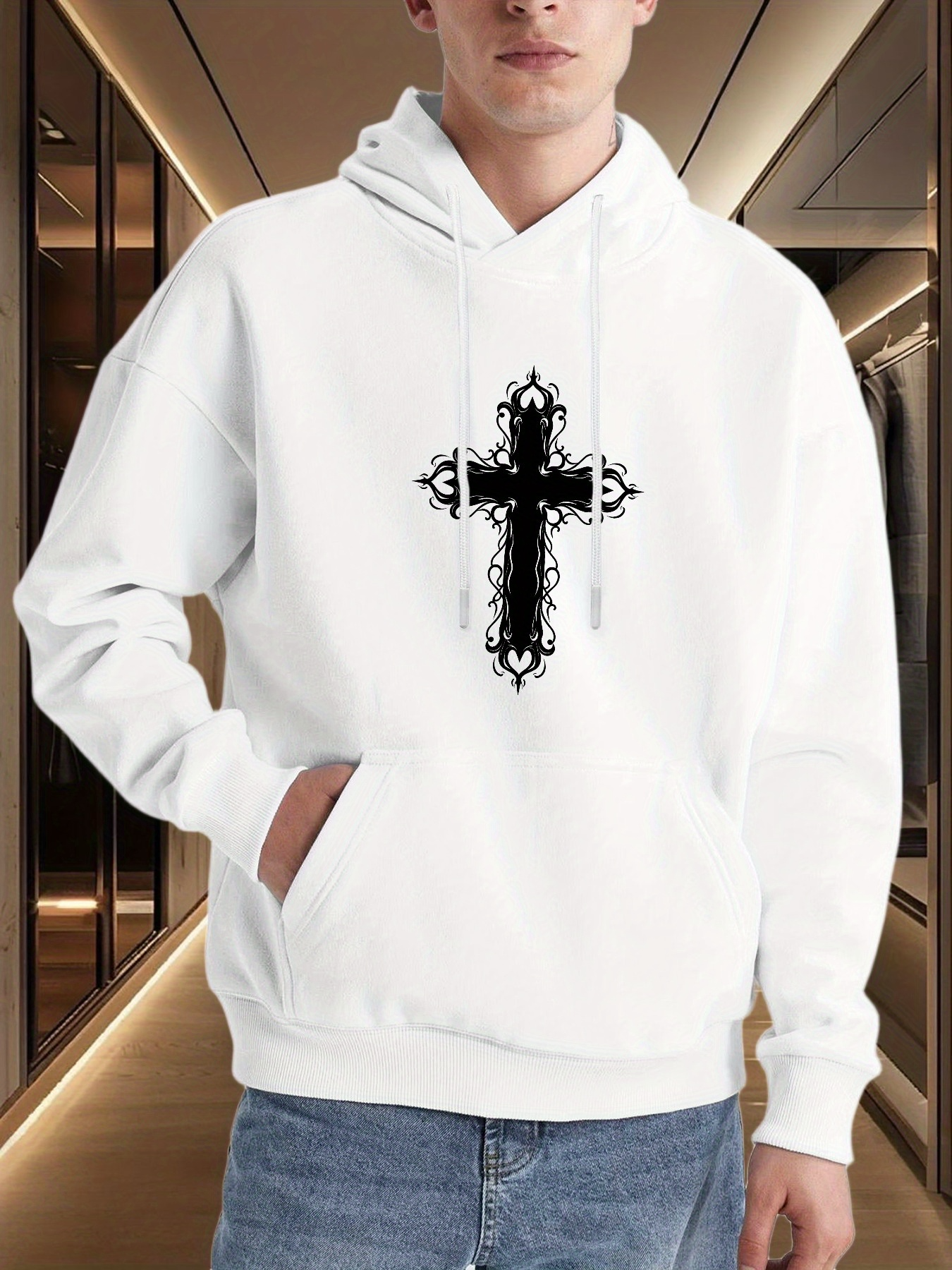 Tailorly Men's Printed Hoodie - Elegant Black Filigree Motif On White Background Cross