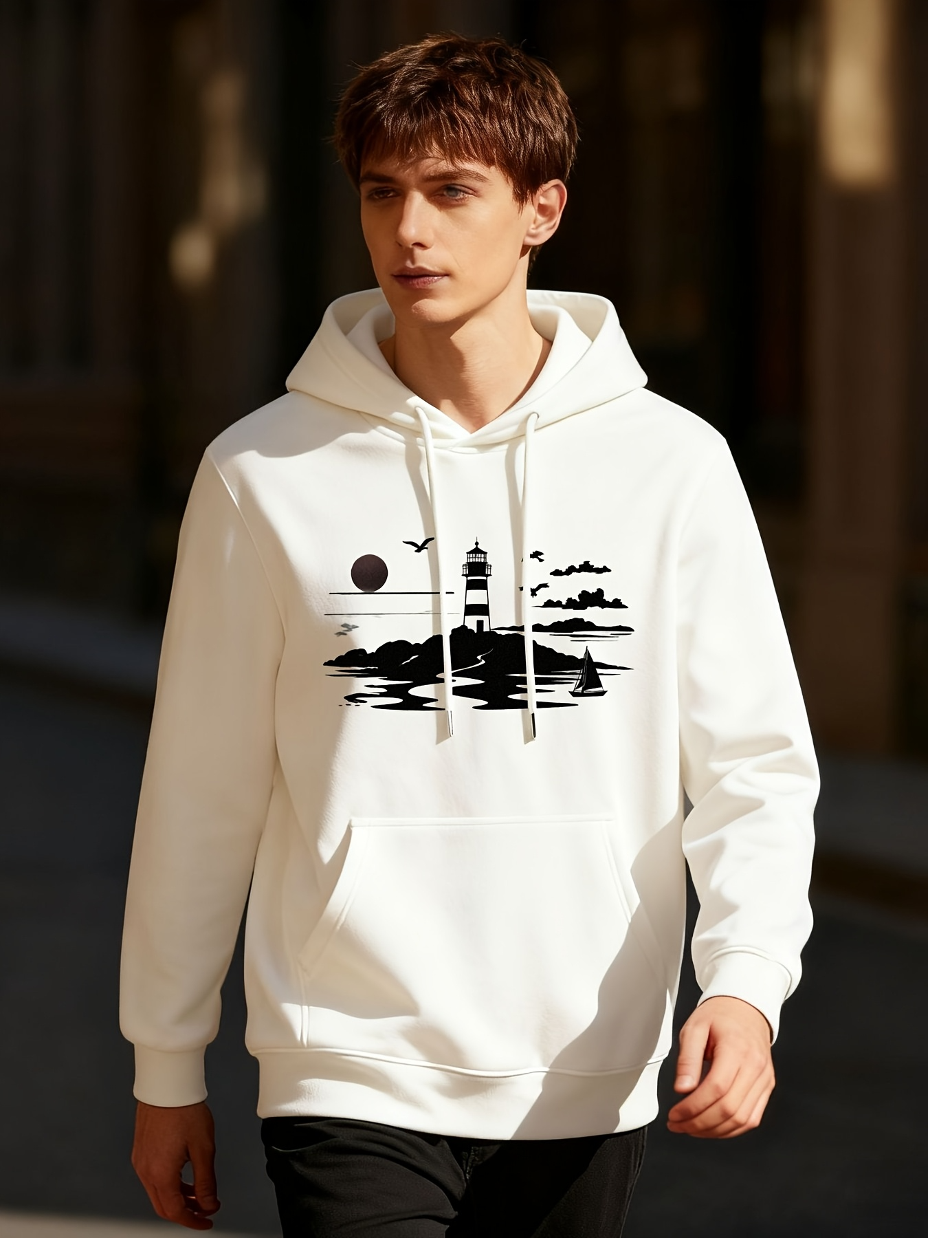 Tailorly Men's Printed Hoodie - Serene Ocean View With Clouds Flying Above Lonely Tall Lighthouse