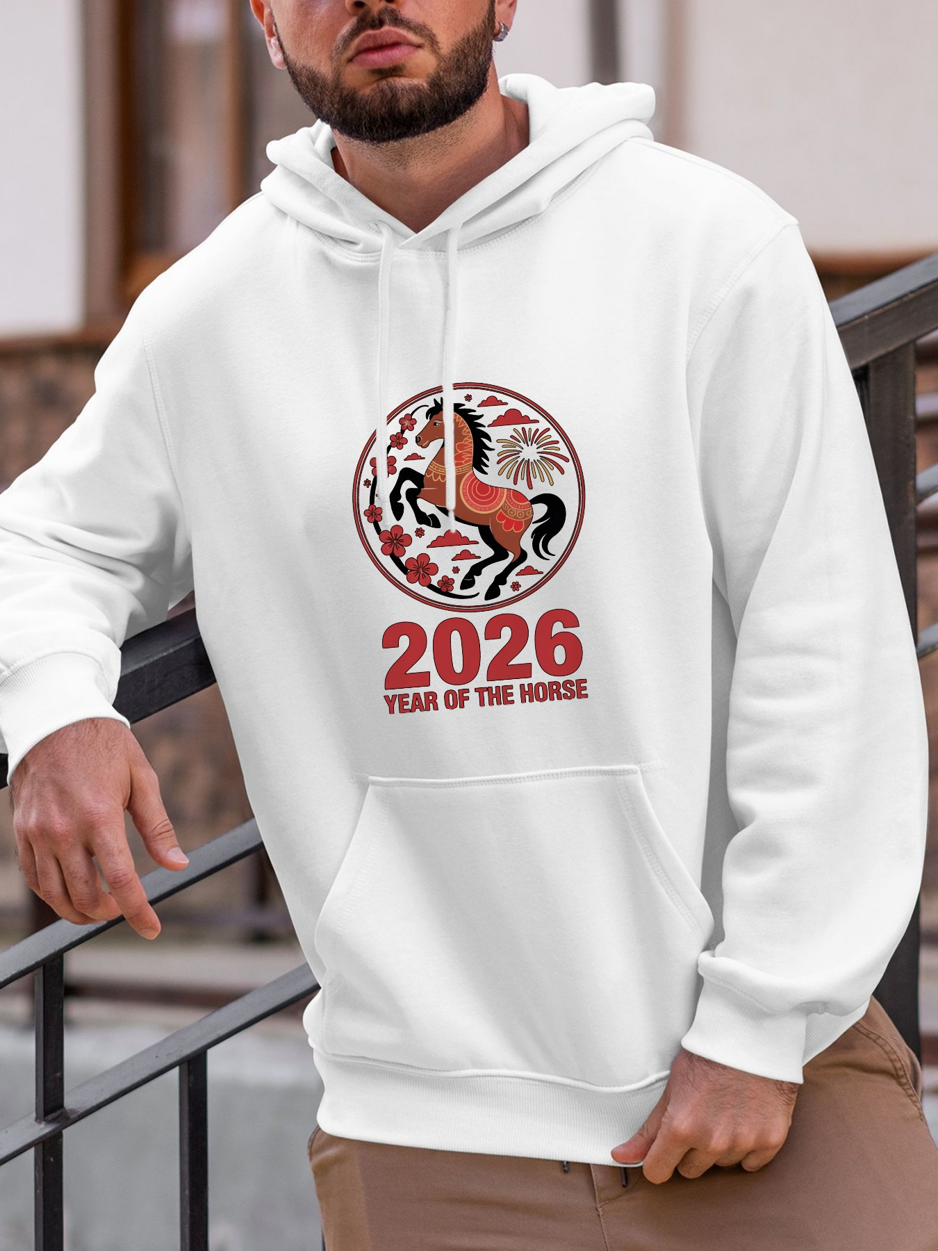 Tailorly Men's Printed Hoodie - 2026 Year Of The Horse Traditional Paper Cut Silhouette Embracing Prosperity Horse