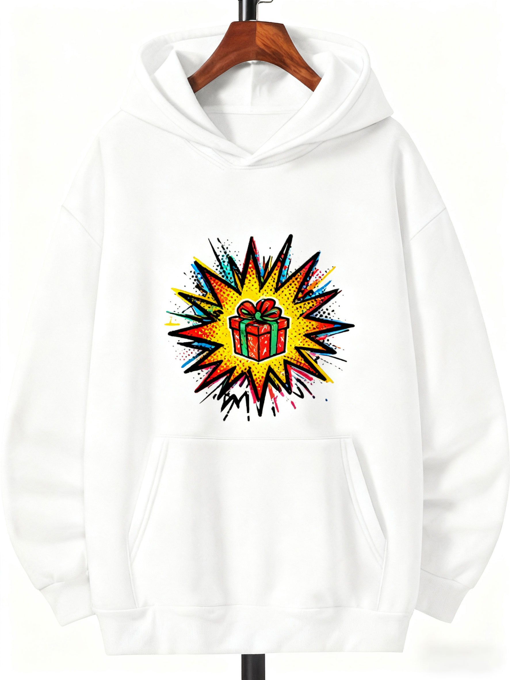 Tailorly Men's Printed Hoodie - Colorful Explosion With Comic Style Radiance Around A Wrapped Present Gift Box