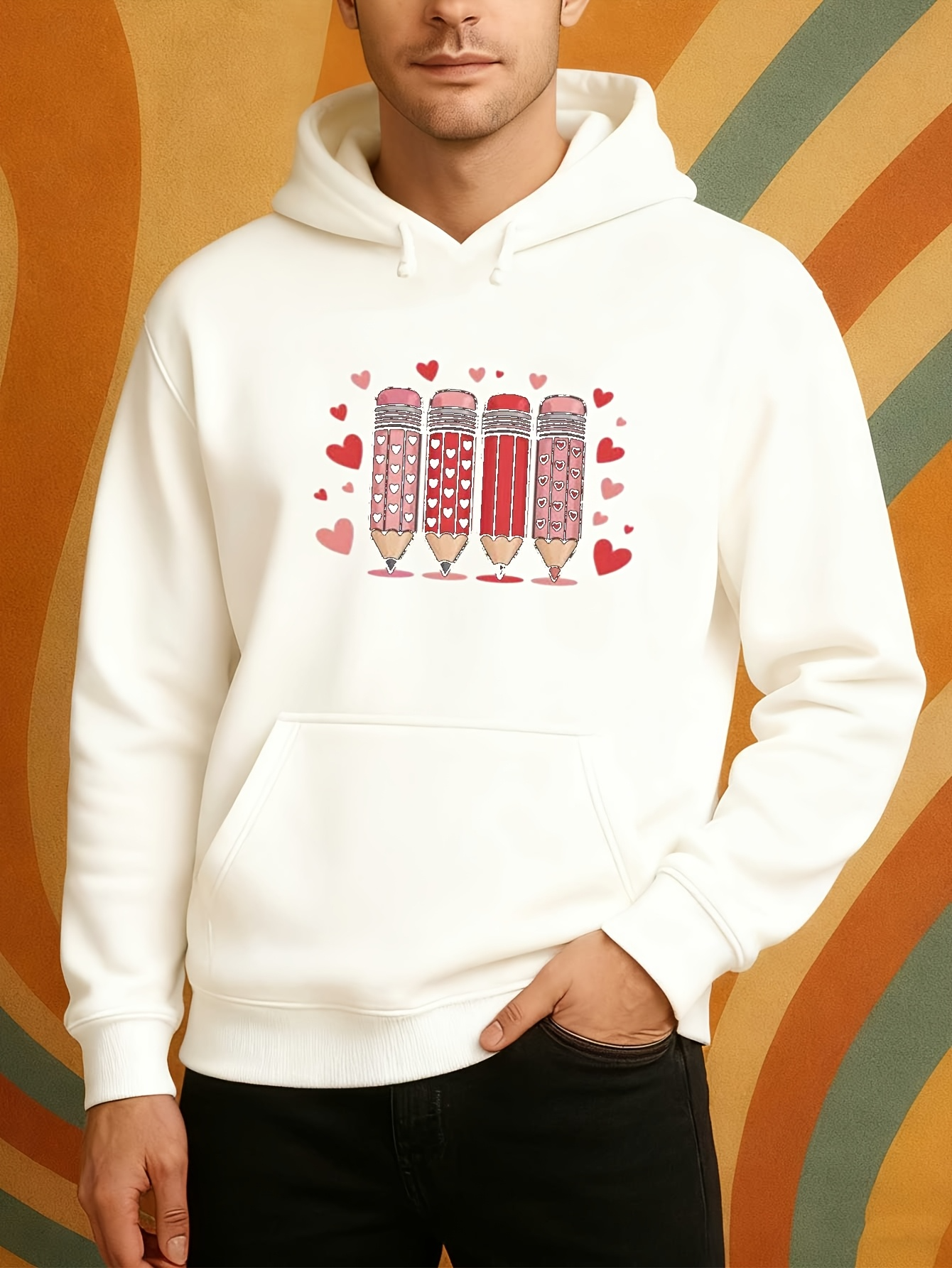 Tailorly Men's Printed Hoodie - Hearts Pattern With Colorful Straws And Sparkling Glasses Milkshake
