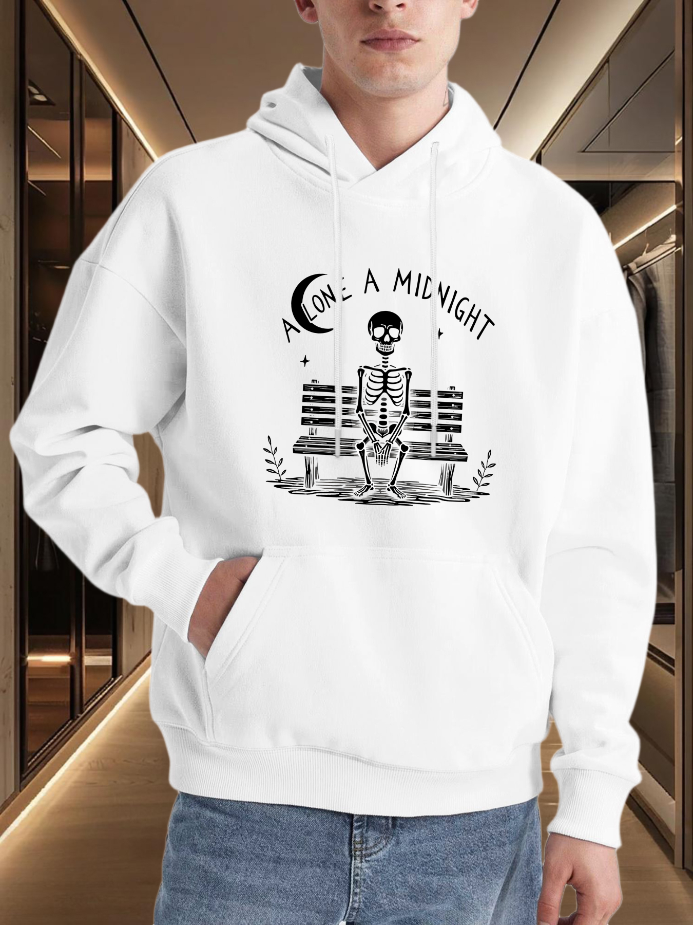 Tailorly Men's Printed Hoodie - Alone At Midnight Skeleton Sitting Peacefully On City Bench