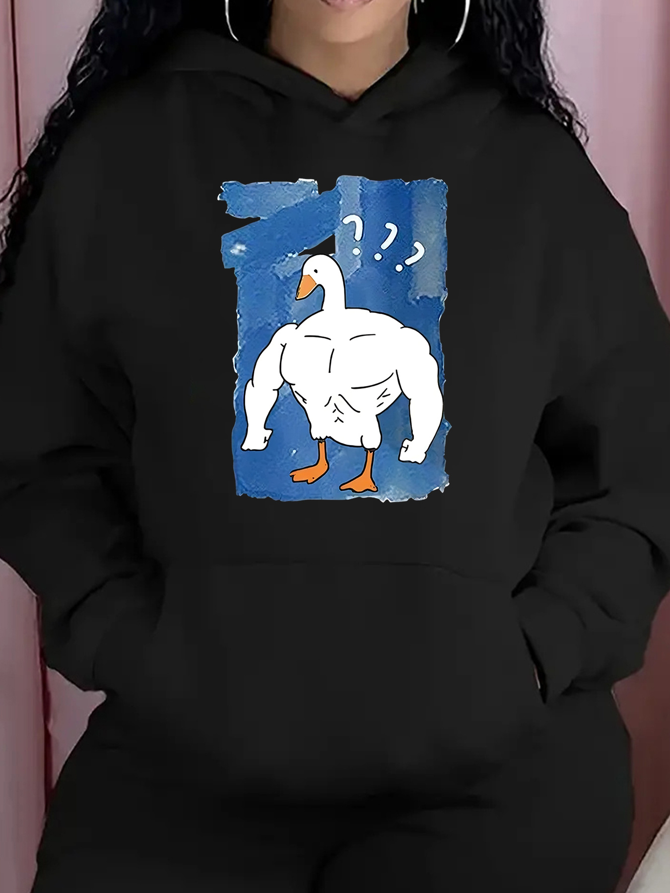 Tailorly Women's Printed Hoodie - Curious Cartoon Goose With Muscular Arms Against Blue Background Goose