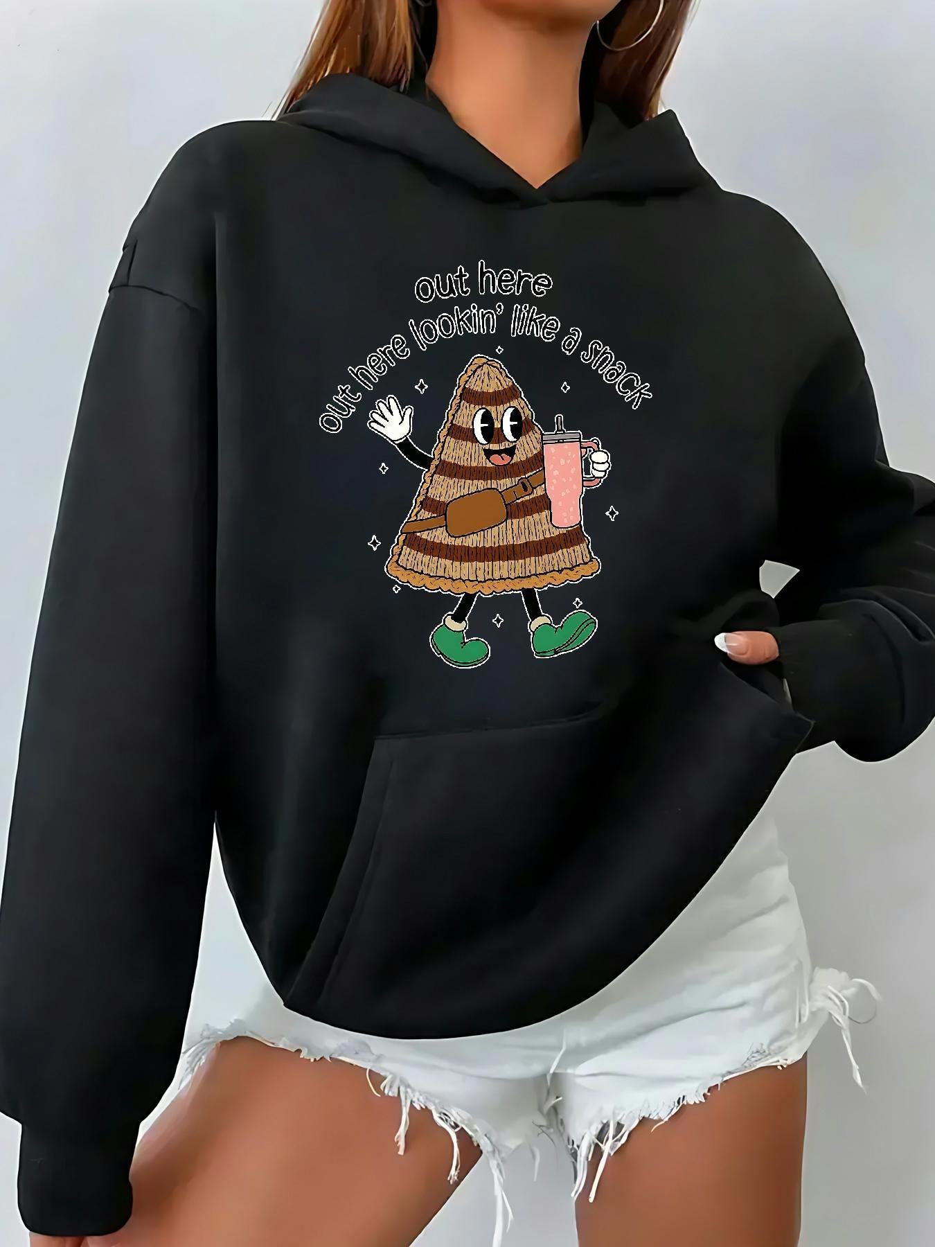 Tailorly Women's Printed Hoodie - Out Here Getting Toasty With A Snack Happy Cartoon Marshmallow Holding Drink