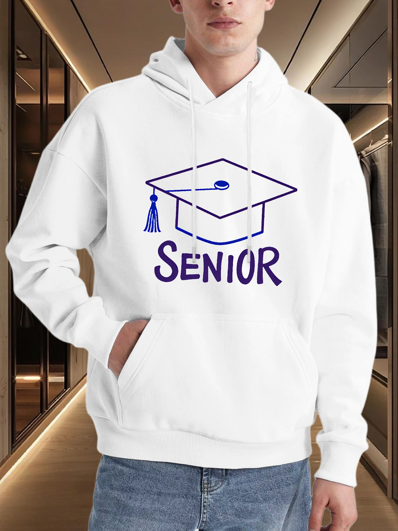 Tailorly Men's Printed Hoodie - Senior Line Art Graduation Cap Celebrating Student Moment