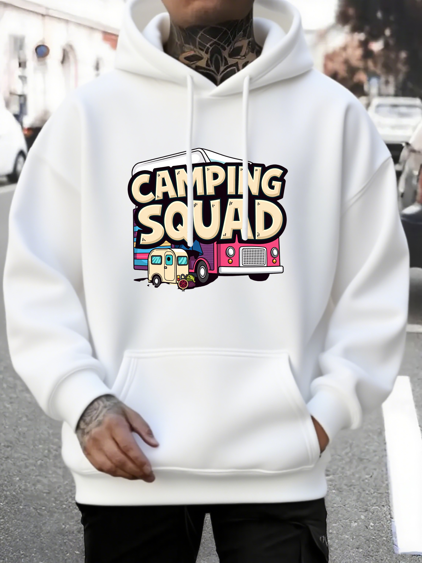 Tailorly Men's Printed Hoodie - Camping Squad Playful Cartoon Style With Colorful Retro Camper Vans
