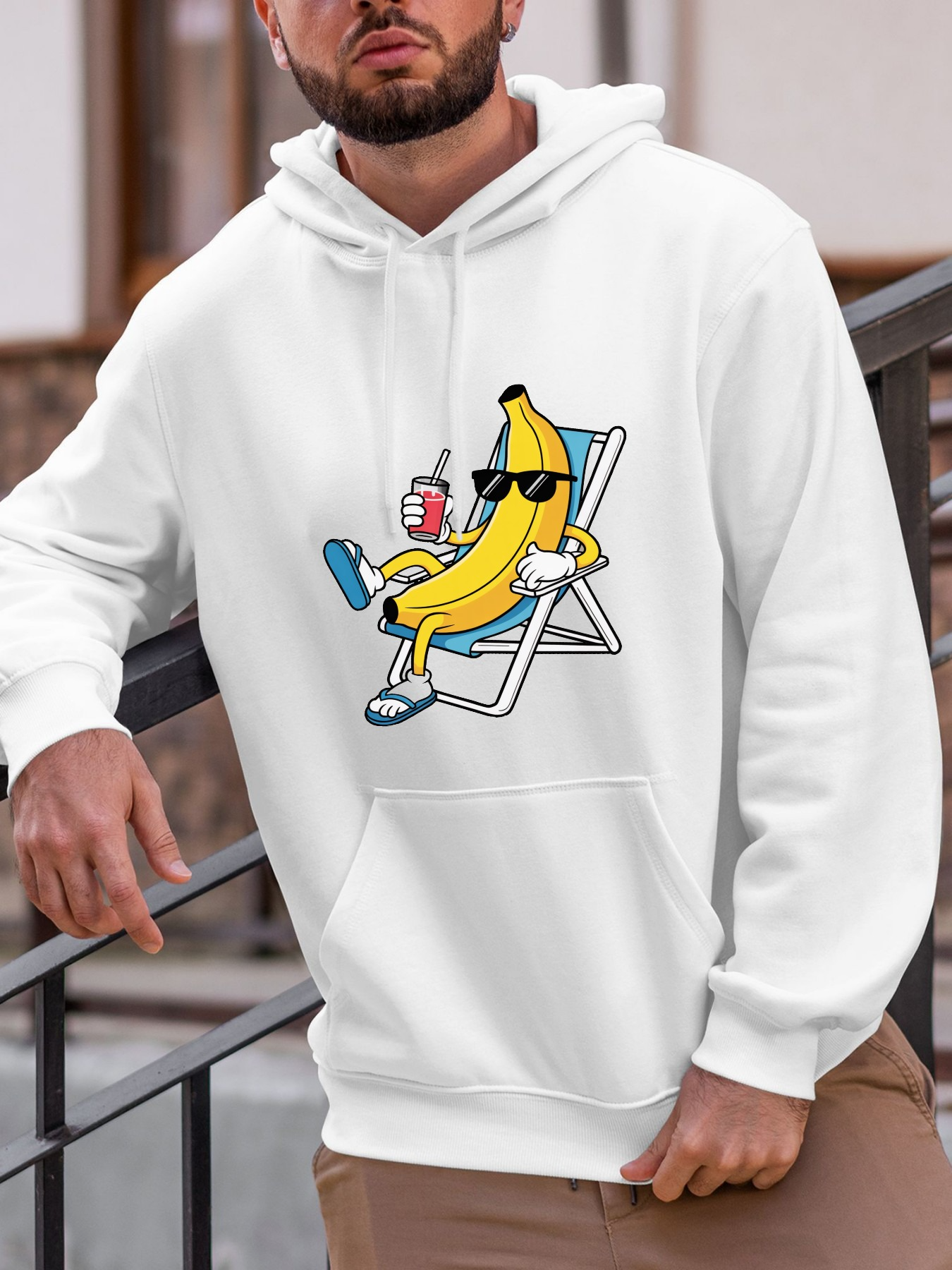Tailorly Men's Printed Hoodie - Cool Banana With Sunglasses Lounging On Beach Chair Holding Drink Banana