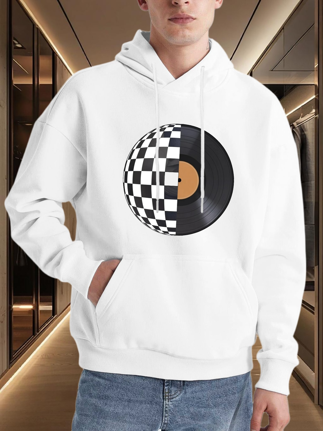Tailorly Men's Printed Hoodie - Retro Style Checkered Black And White Vinyl Record