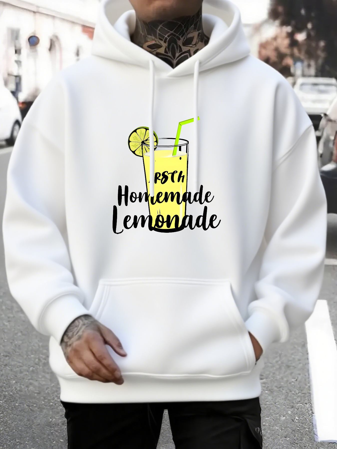 Tailorly Men's Printed Hoodie - Fresh Homemade Lemonade With Lemon Slice And Yellow Refreshing Drink Glass