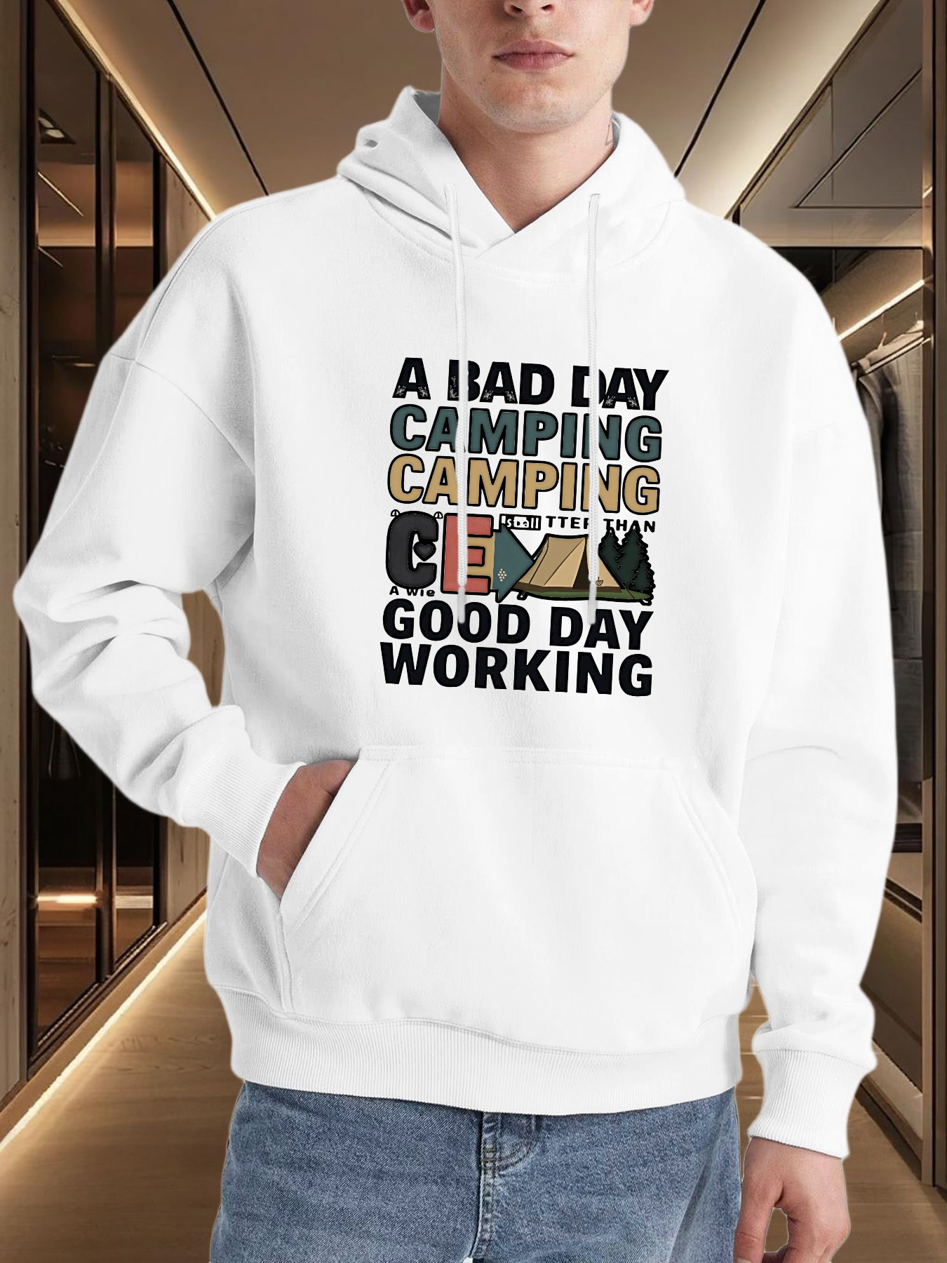 Tailorly Men's Printed Hoodie - A Bad Day Camping Beats A Good Day Working With Mountain Tent Dawn Sky Camping