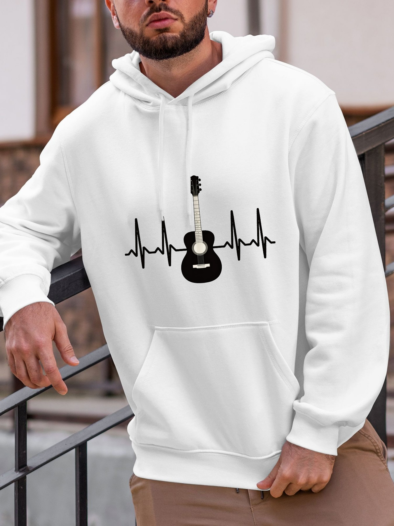 Tailorly Men's Printed Hoodie - Heartbeat Waves With Guitar Silhouette At Center Guitar