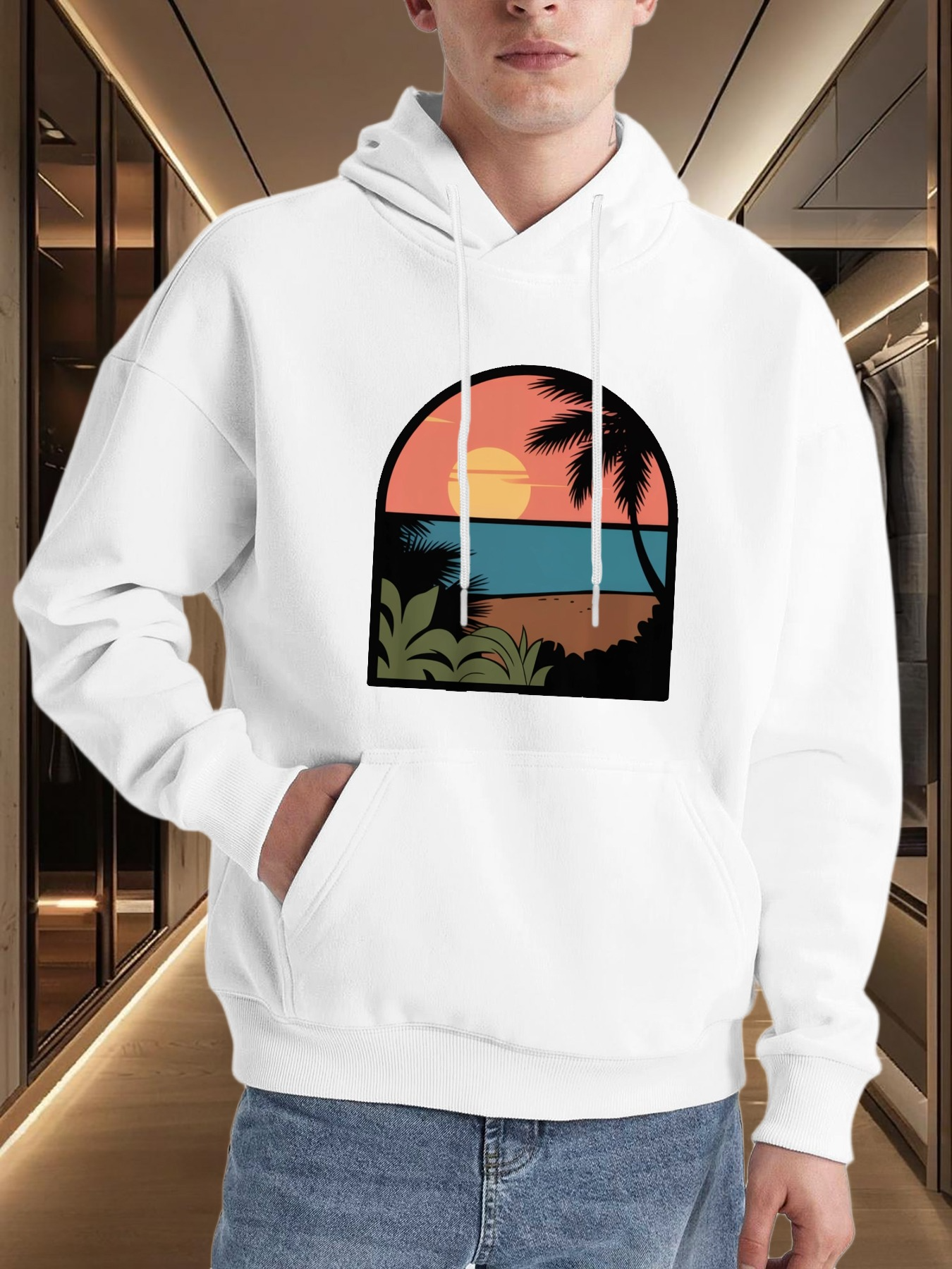 Tailorly Men's Printed Hoodie - Tropical Sunset View Through Arched Window With Palms And Ocean