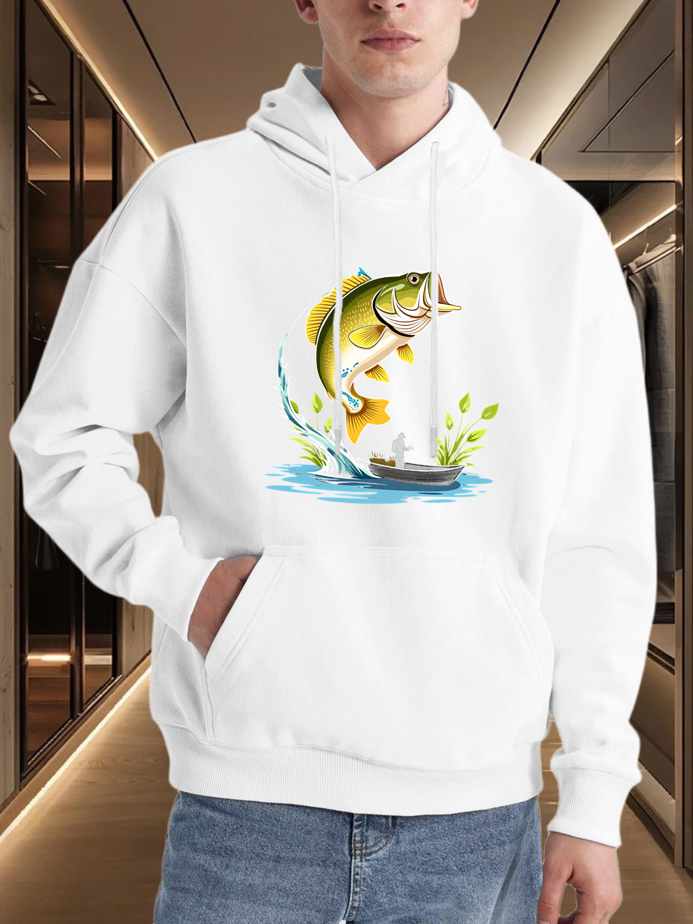 Tailorly Men's Printed Hoodie - Freshwater River Scene With Leaping Fish Surrounded By Splashing Water