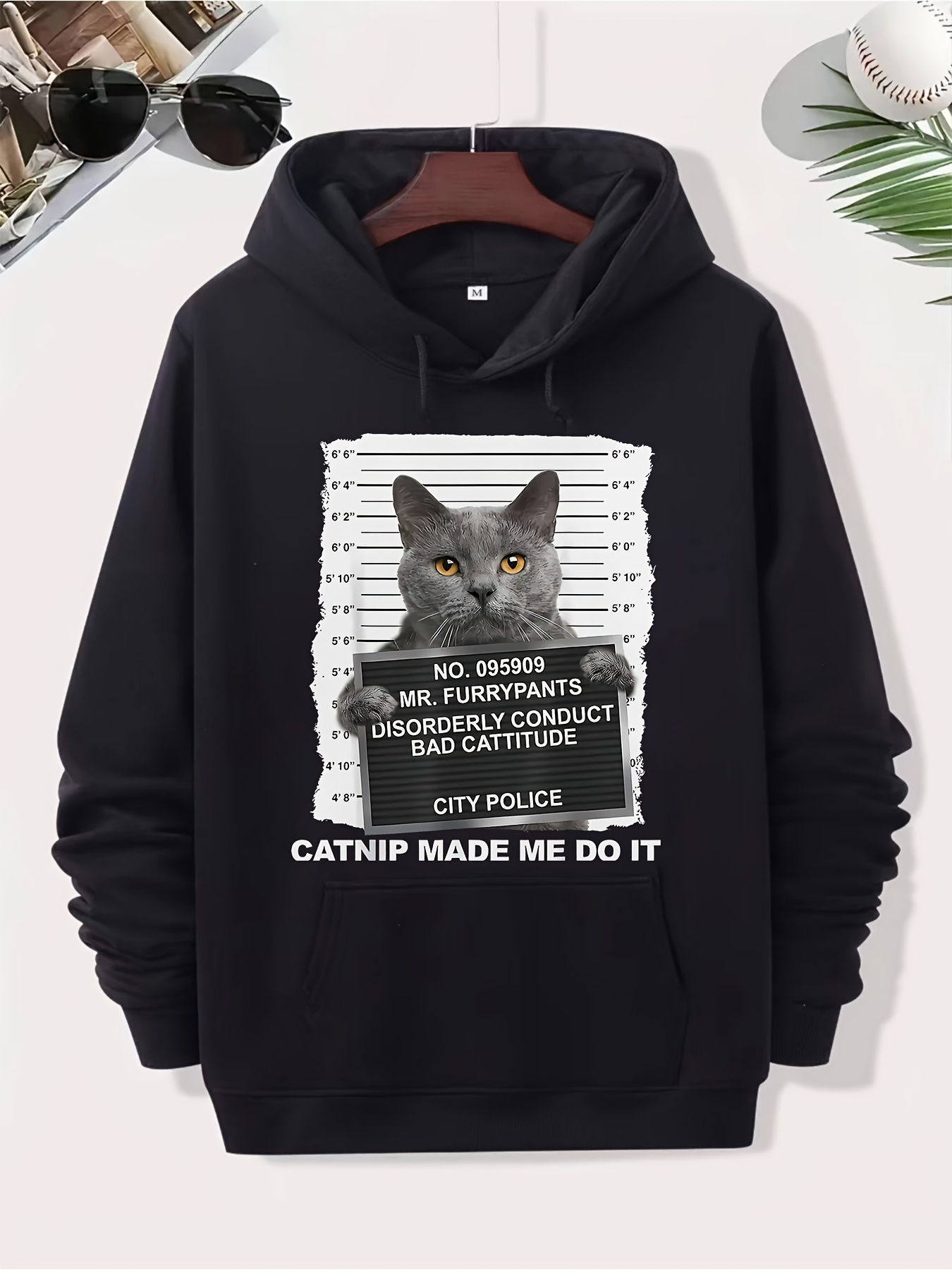 Tailorly Men's Printed Hoodie - City Police Mugshot With Naughty Gray Tabby Cat Among White Striped Background
