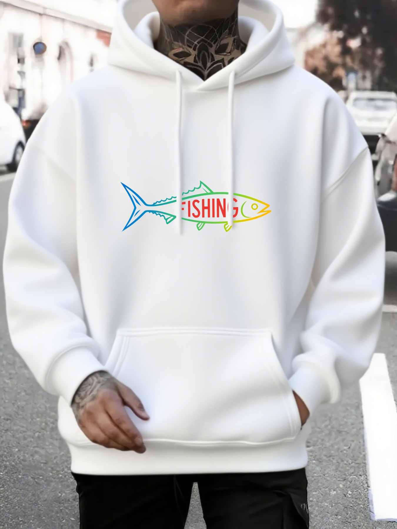 Tailorly Men's Printed Hoodie - Colorful Outline With Gradient Line Art Fish