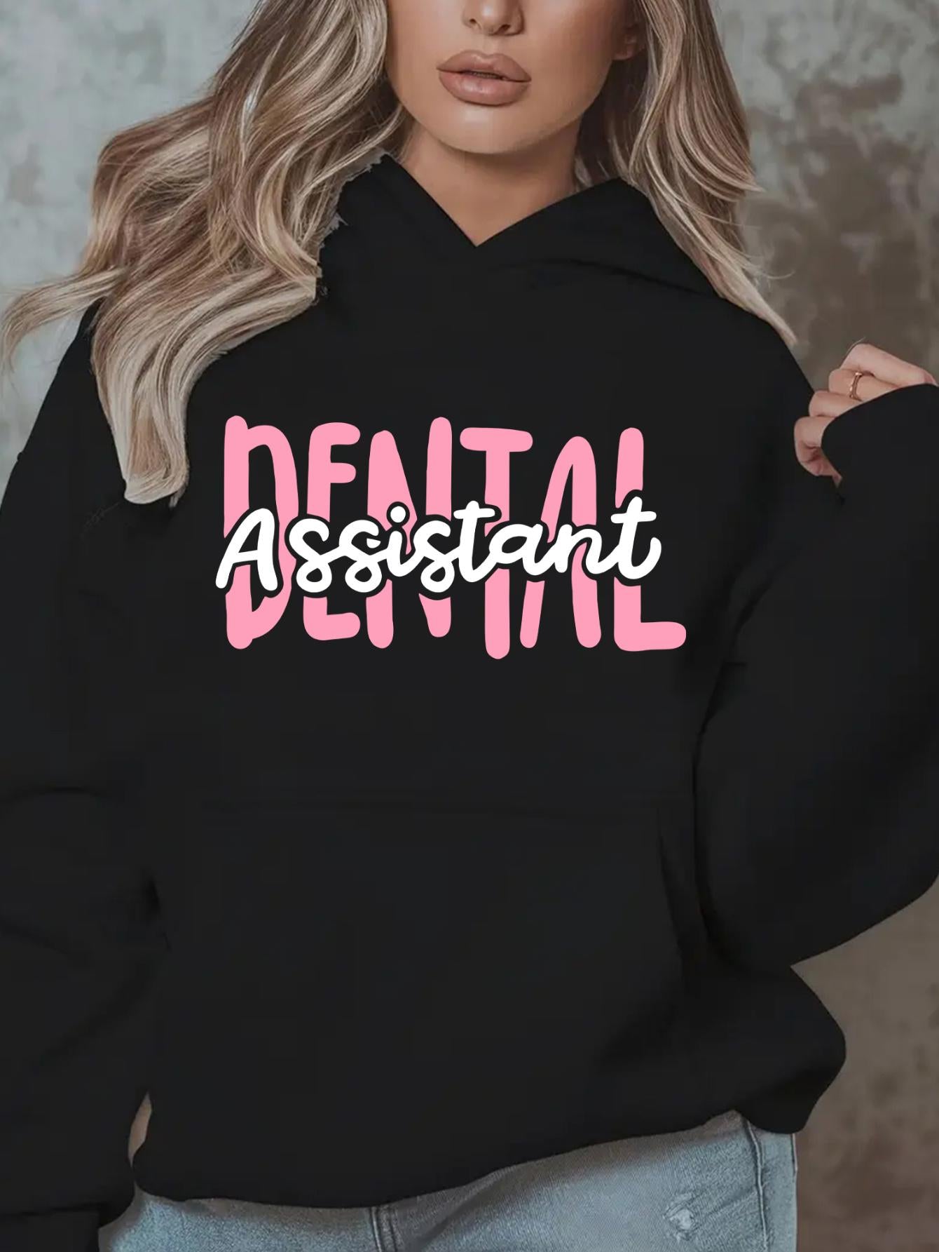 Tailorly Women's Printed Hoodie - Dental Assistant Playful Bold Lettering On Cozy Black Hoodie
