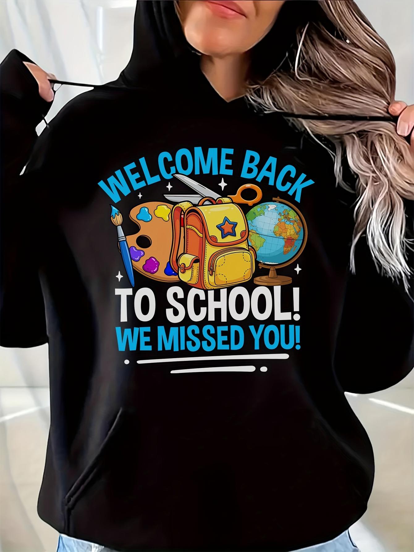 Tailorly Women's Printed Hoodie - Welcome Back To School With Colorful Art And Globe Featuring Backpack