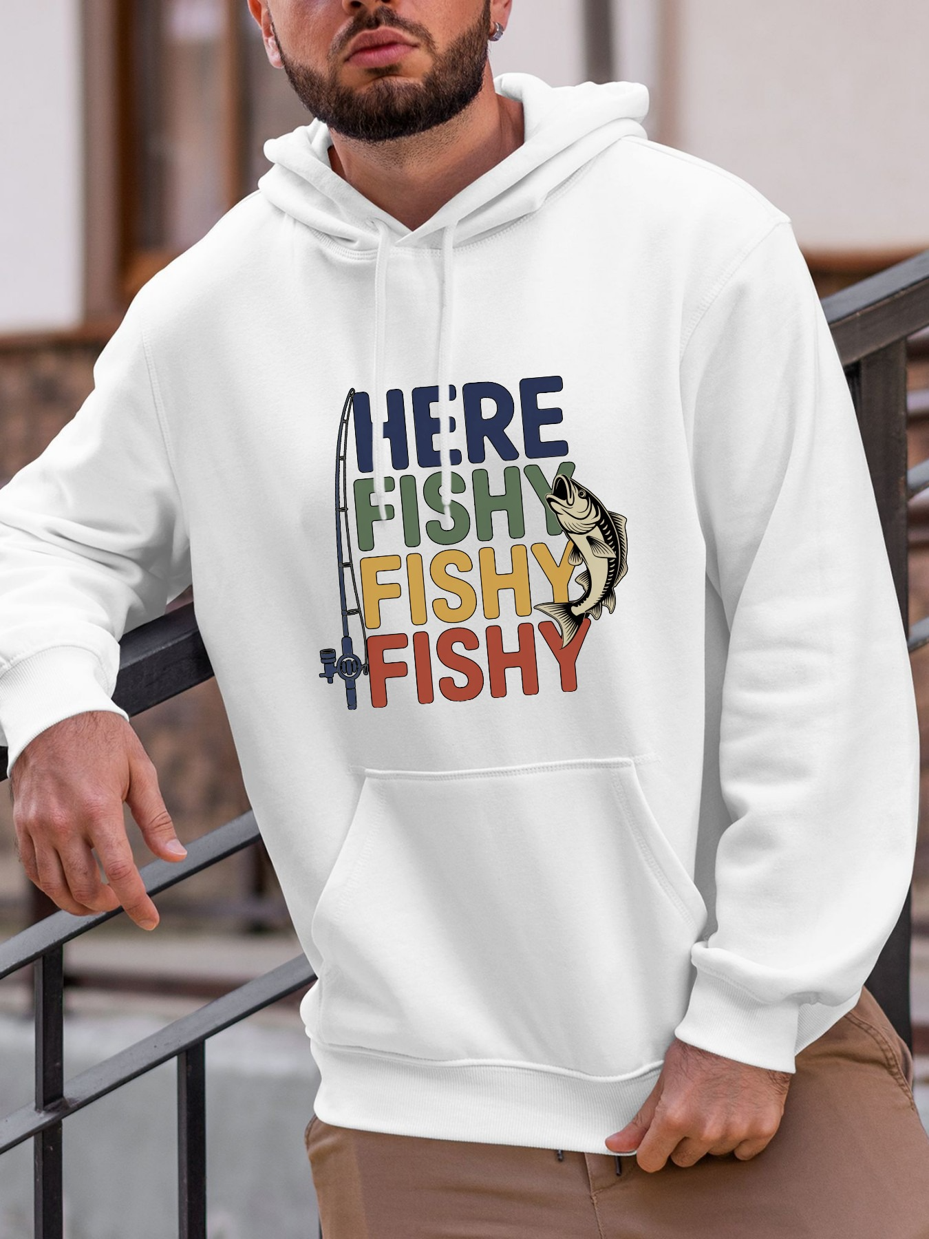 Tailorly Men's Printed Hoodie - Here Fishy Fishy Fishy With Fishing Rods And Realistic River Fish