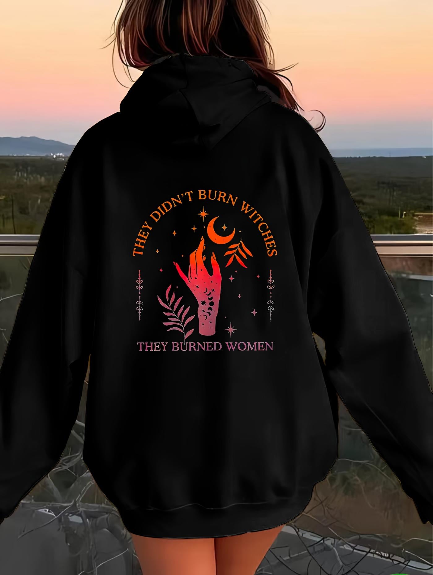Tailorly Women's Printed Hoodie - Rising Flames With Mystical Symbols Under Crescent Moon Woman