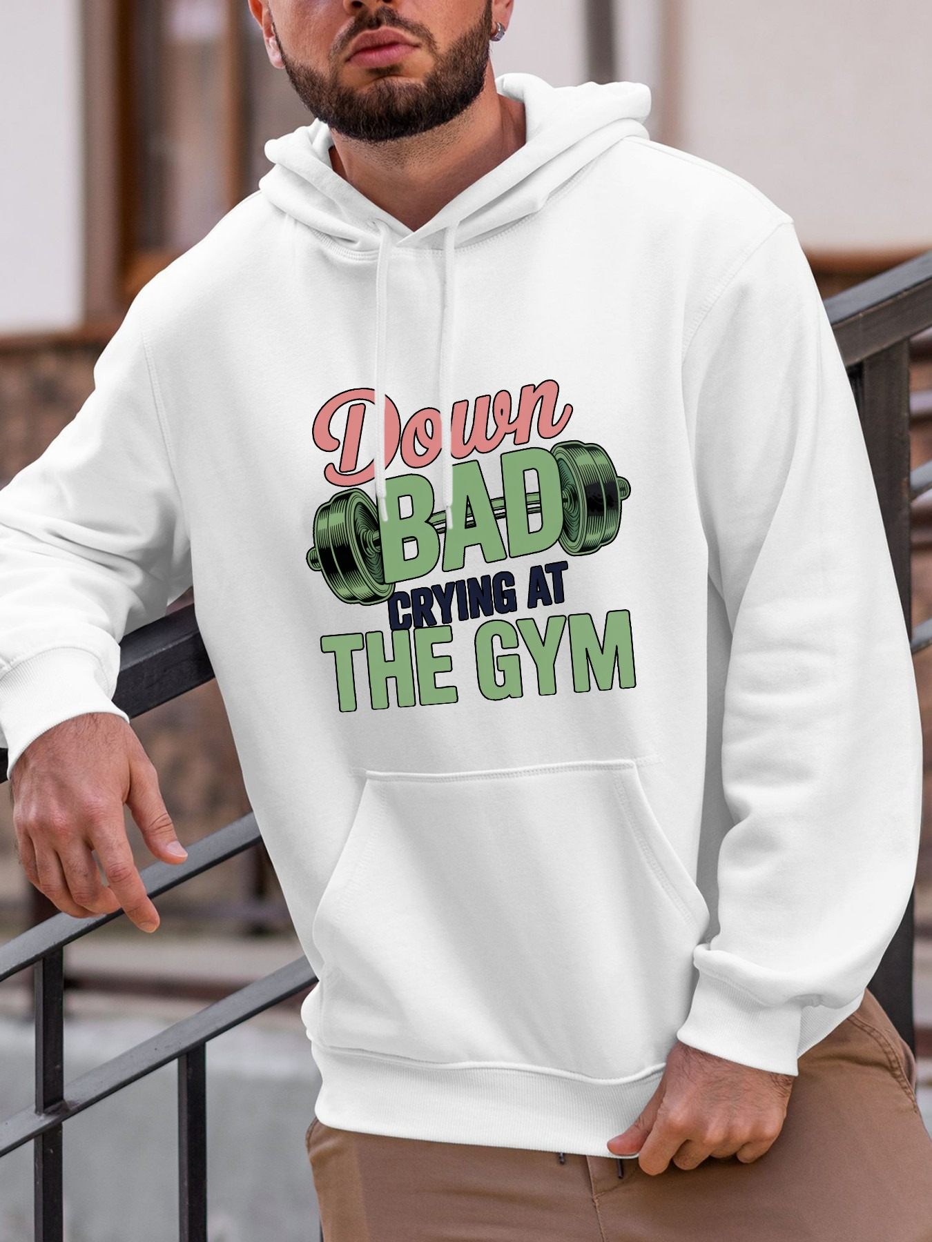 Tailorly Men's Printed Hoodie - Down Bad Green Weights With Motivational Slogan At A Fitness Gym