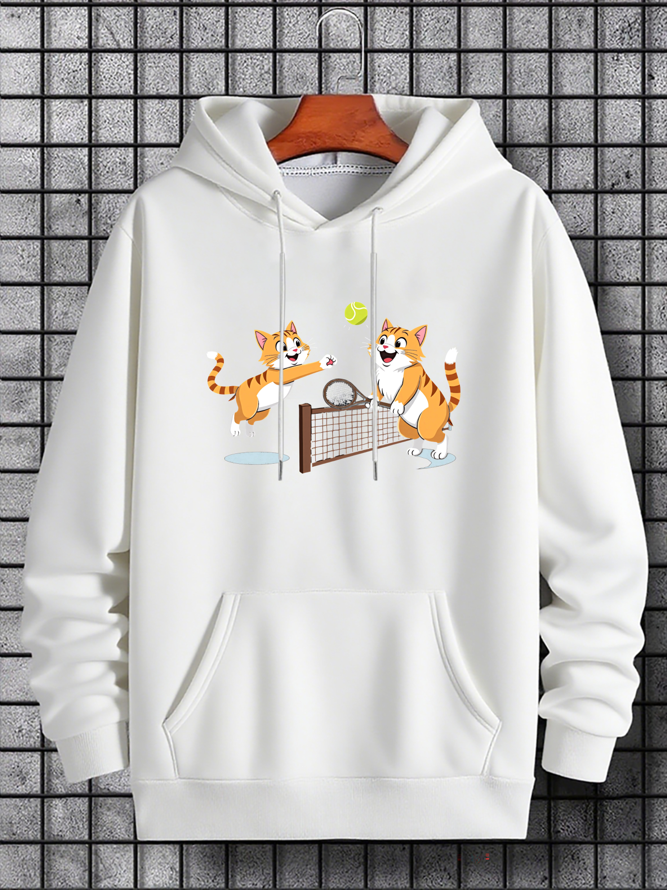Tailorly Men's Printed Hoodie - Playful Kittens With Flying Ball And Net In Cartoon Style Cat