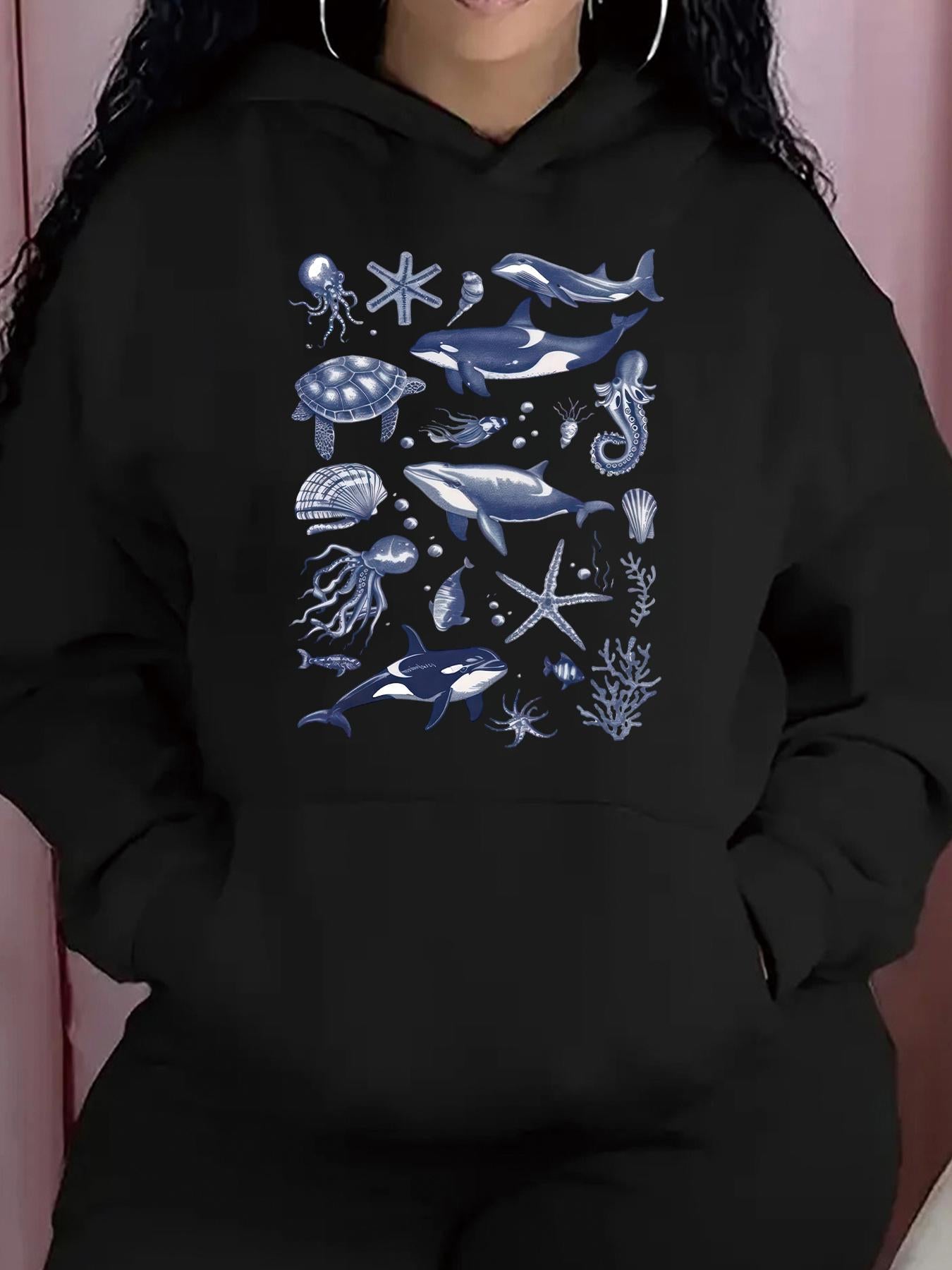 Tailorly Women's Printed Hoodie - Playful Whales Swimming Among Jellyfish And Ocean Corals Whale