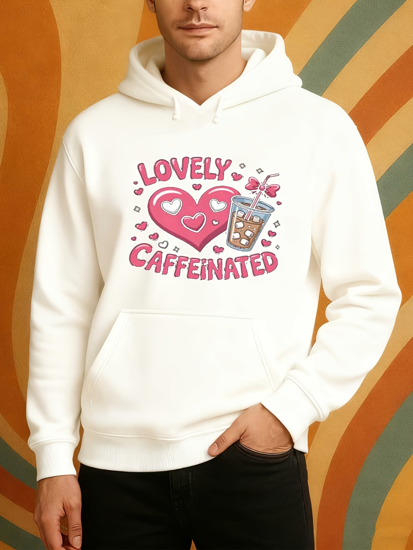 Tailorly Men's Printed Hoodie - Lovely Caffeinated With Pink Hearts And Coffee Cup Surrounded By Bubbles