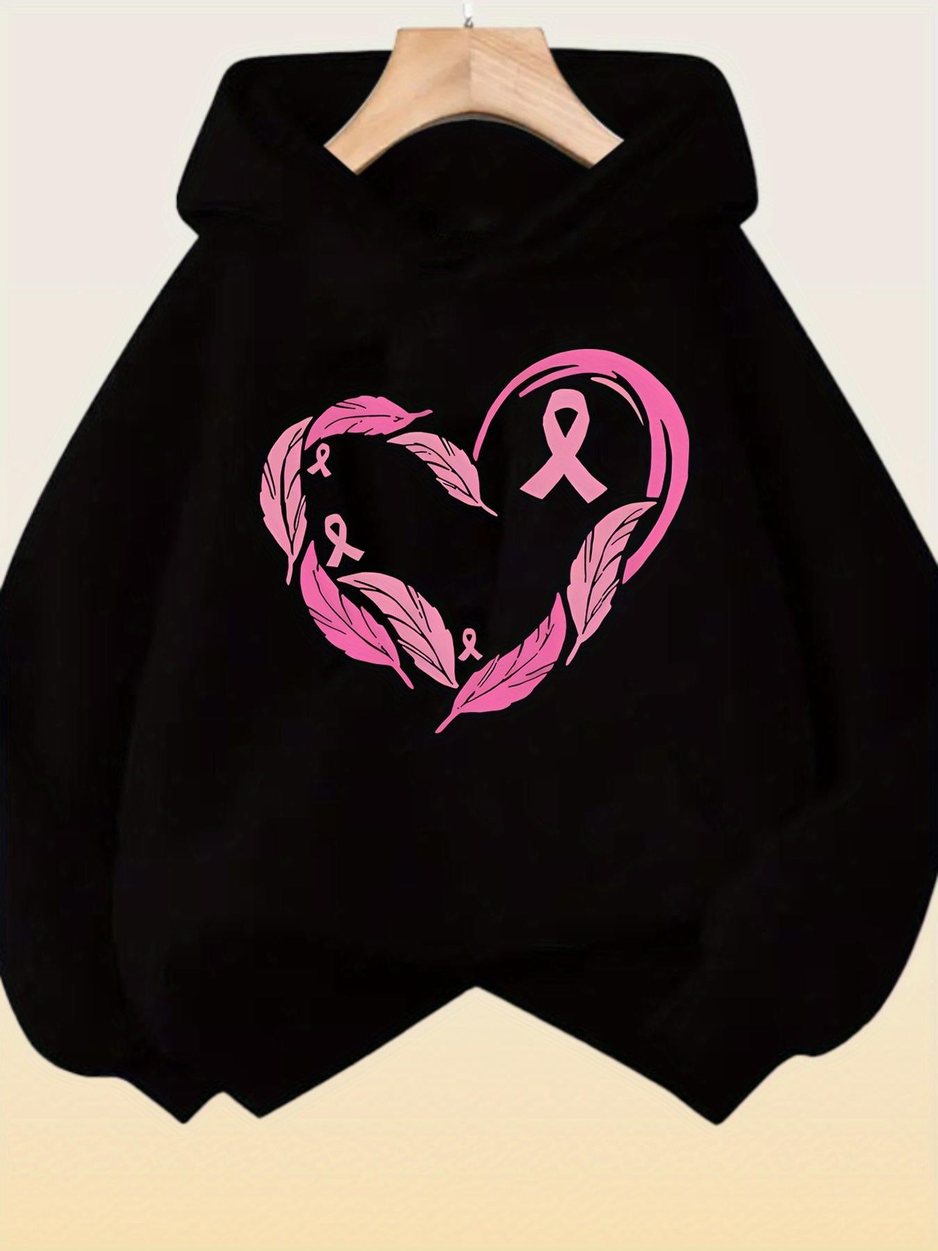 Tailorly Women's Printed Hoodie - Pink Feather Heart With Hopeful Ribbon Motif On Hoodie