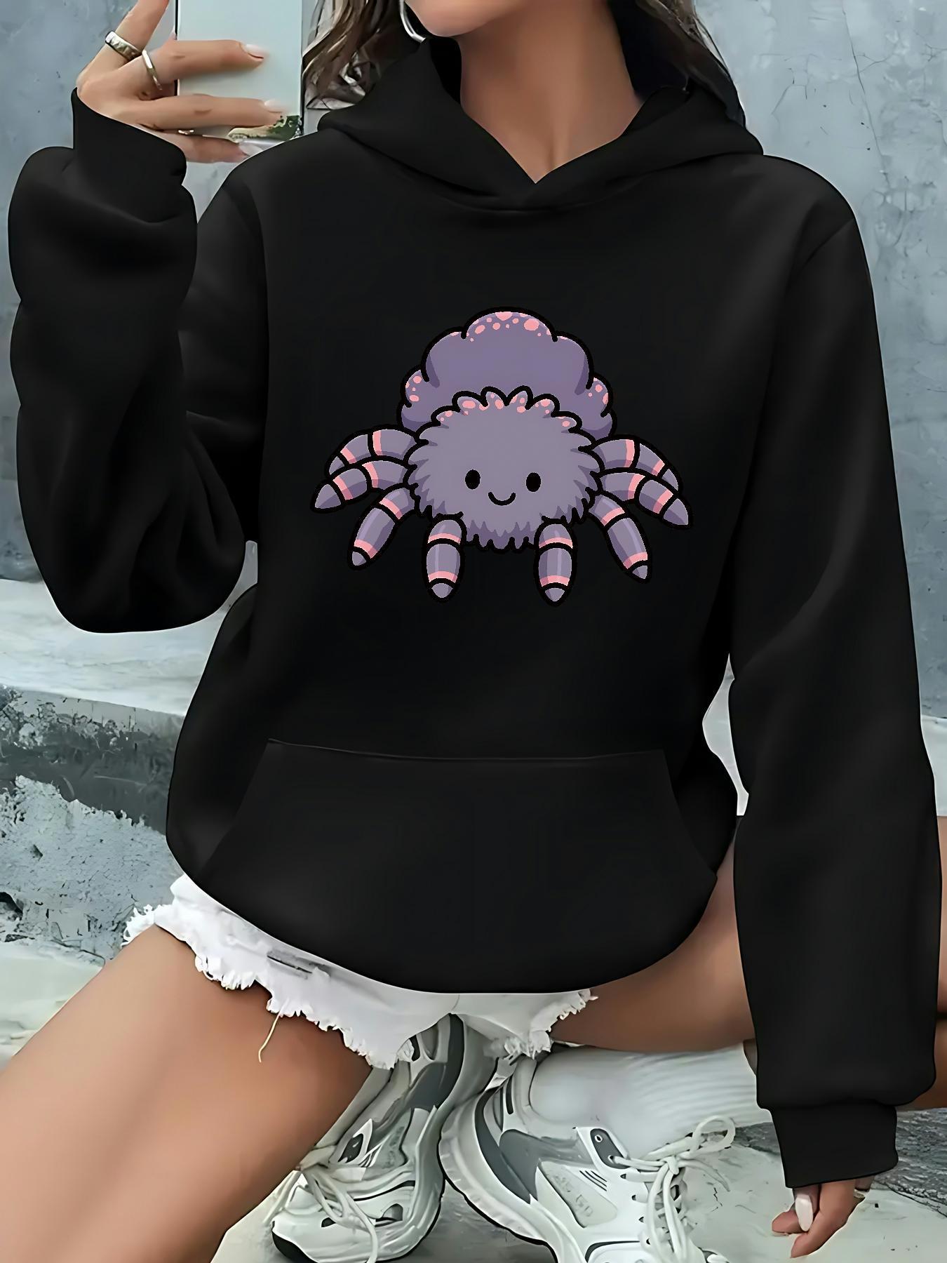 Tailorly Women's Printed Hoodie - Fluffy Lavender Pastel Smiling Cartoon Spider With Cute Face