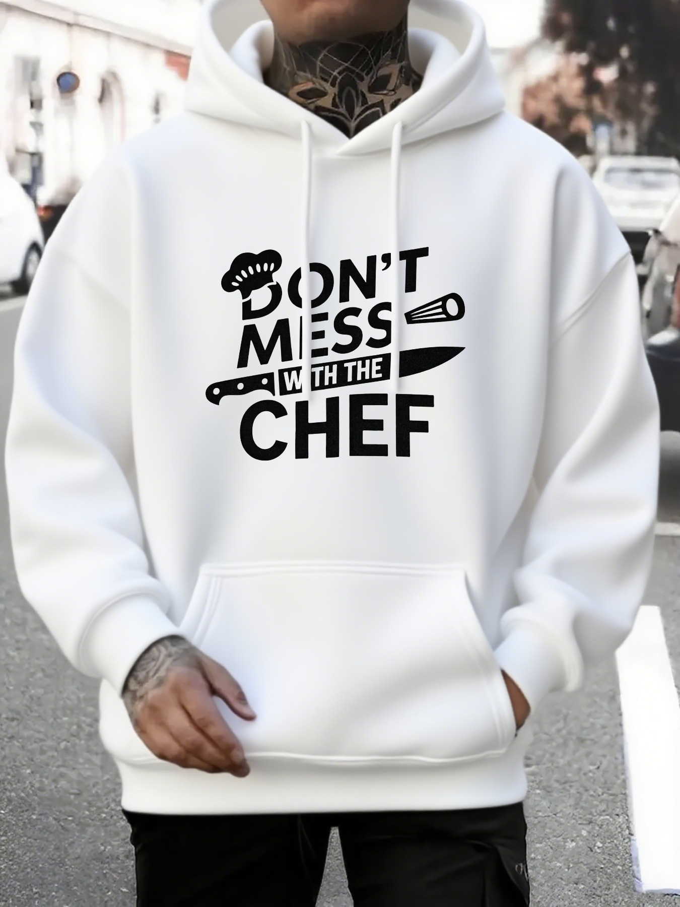 Tailorly Men's Printed Hoodie - Dont Mess With The Chef Letters And Kitchen Knife Surrounded By Playful Cooking Motif Chef