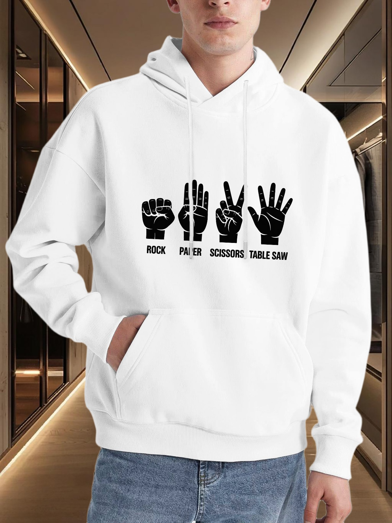 Tailorly Men's Printed Hoodie - Rock Palm Scissors Table Slam Gestures Sign Under Light