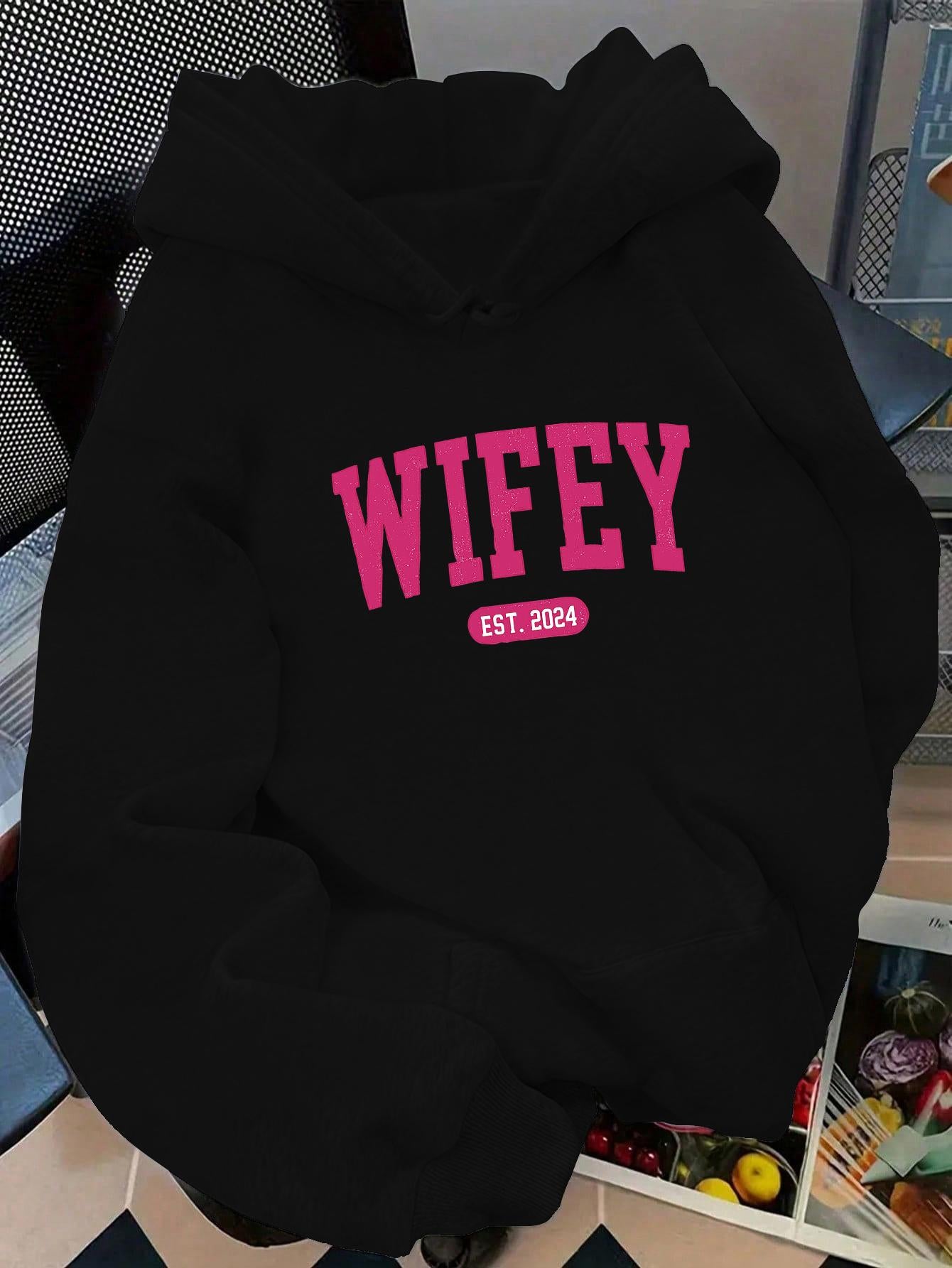 Tailorly Women's Printed Hoodie - Wifey Est 2021 Bold Pink Letters On Soft Cotton Hoodie