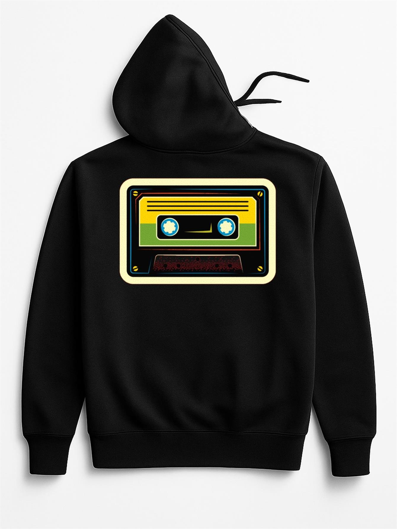 Tailorly Women's Printed Hoodie - Retro Music With Colorful Neon Lights Surrounding Vintage Cassette Tape