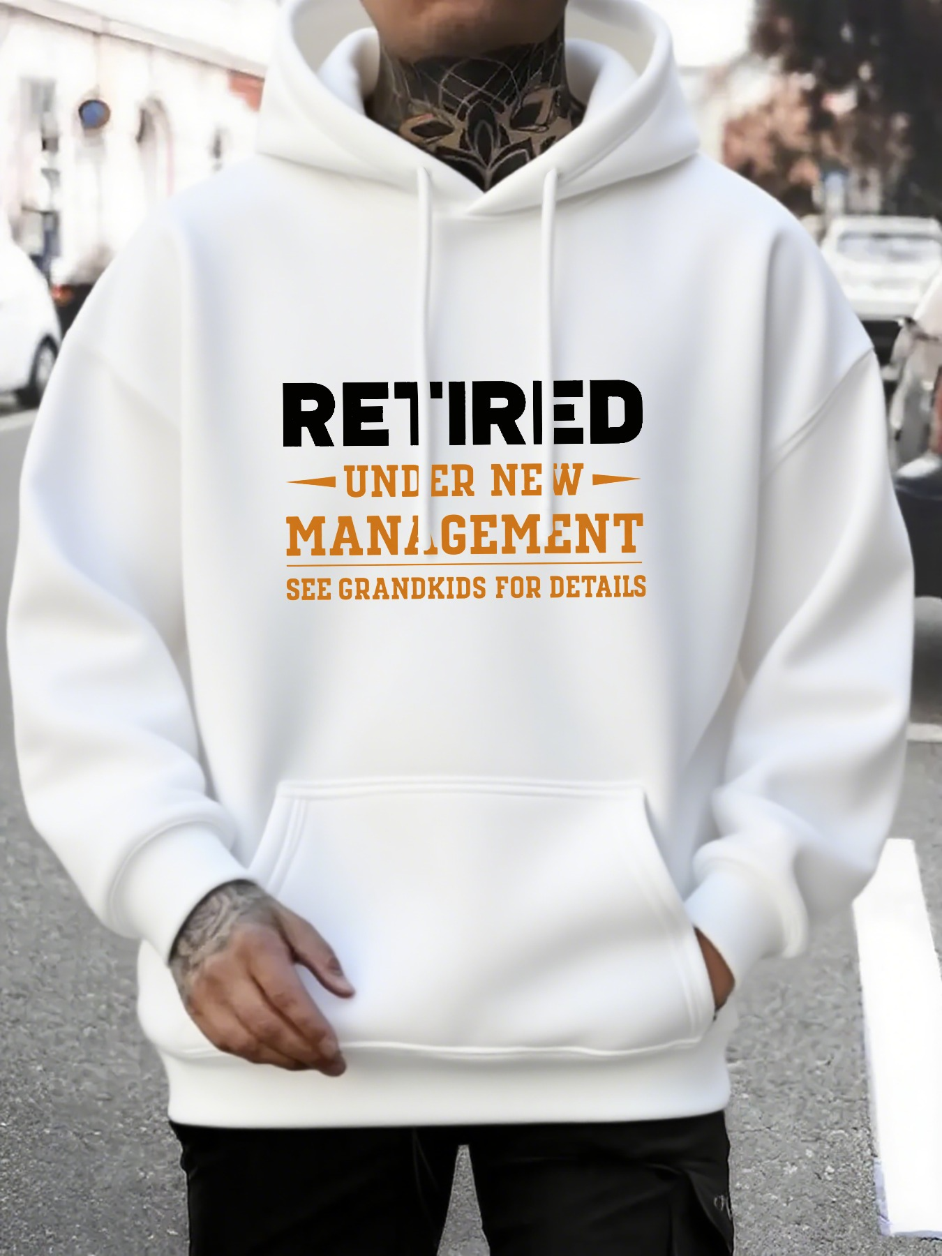 Tailorly Men's Printed Hoodie - Retired Under New Management See Grandkids For Details With Bold Contrast Statement Hoodie