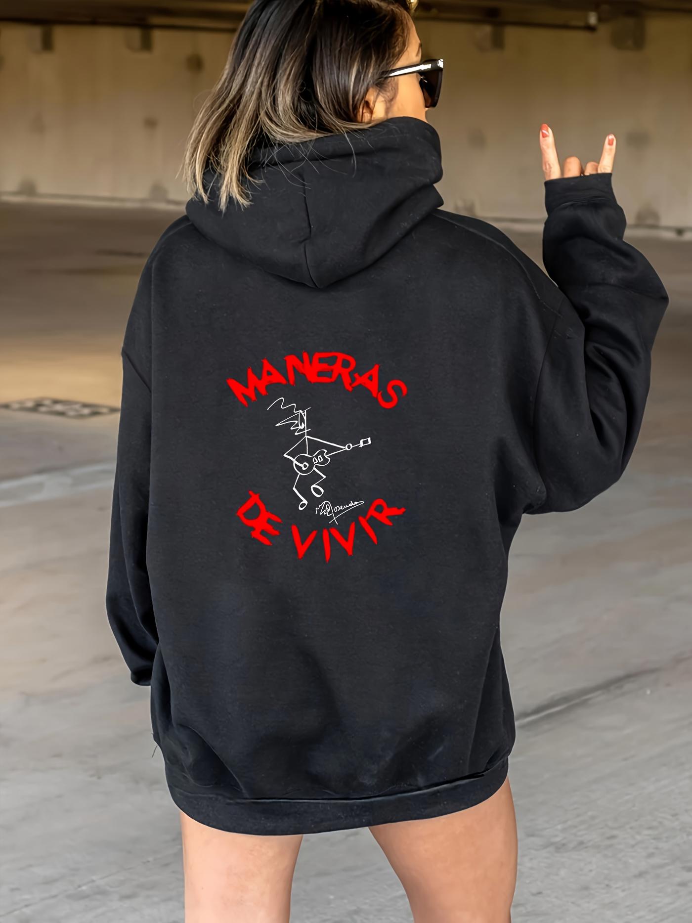 Tailorly Women's Printed Hoodie - Minimalist Guitar Line Drawing Graphic With Vibrant Lettering Under Studio Lighting Guitar