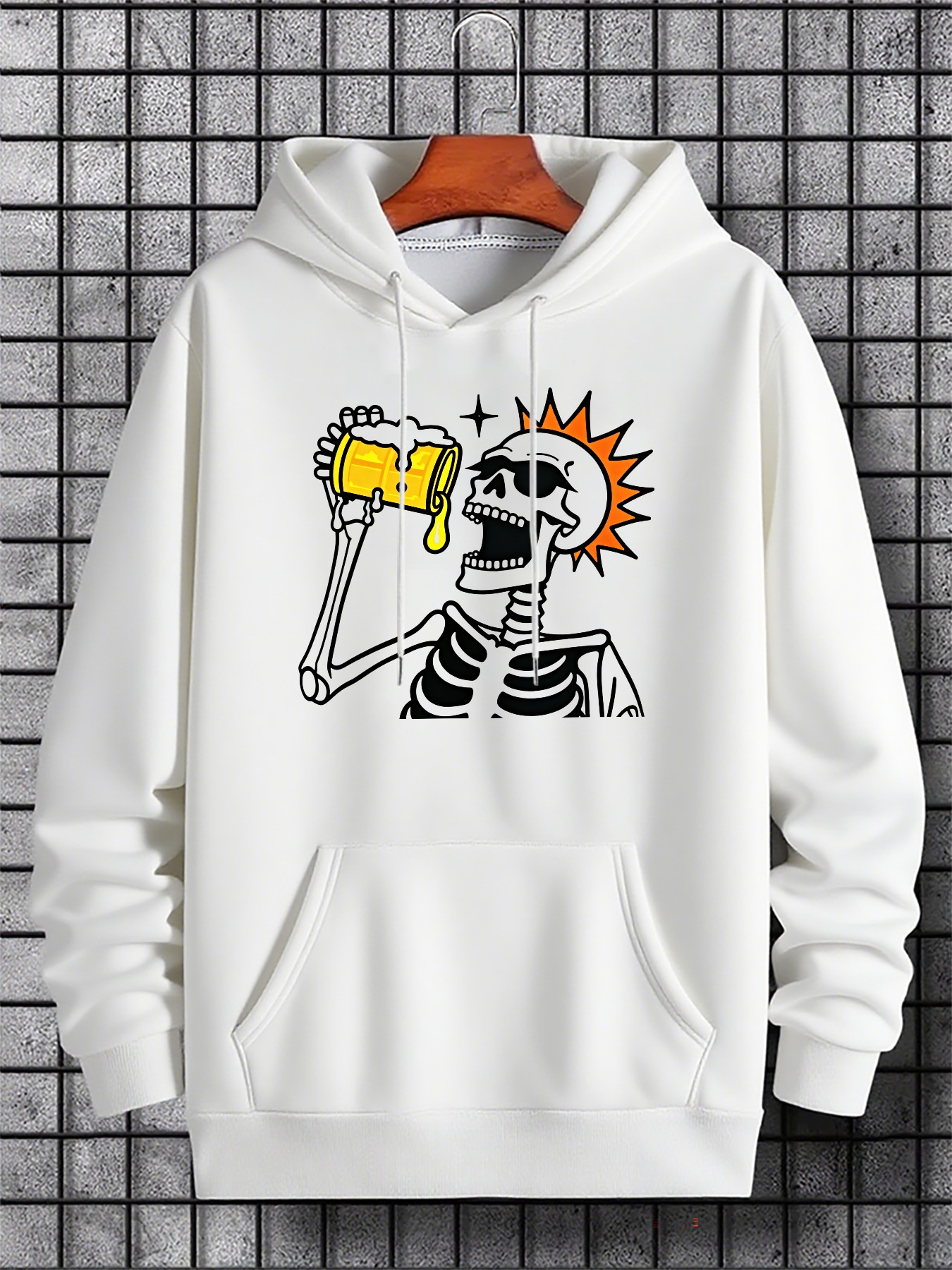 Tailorly Men's Printed Hoodie - Sunlight Splash With Happy Skeleton Drinking Beer