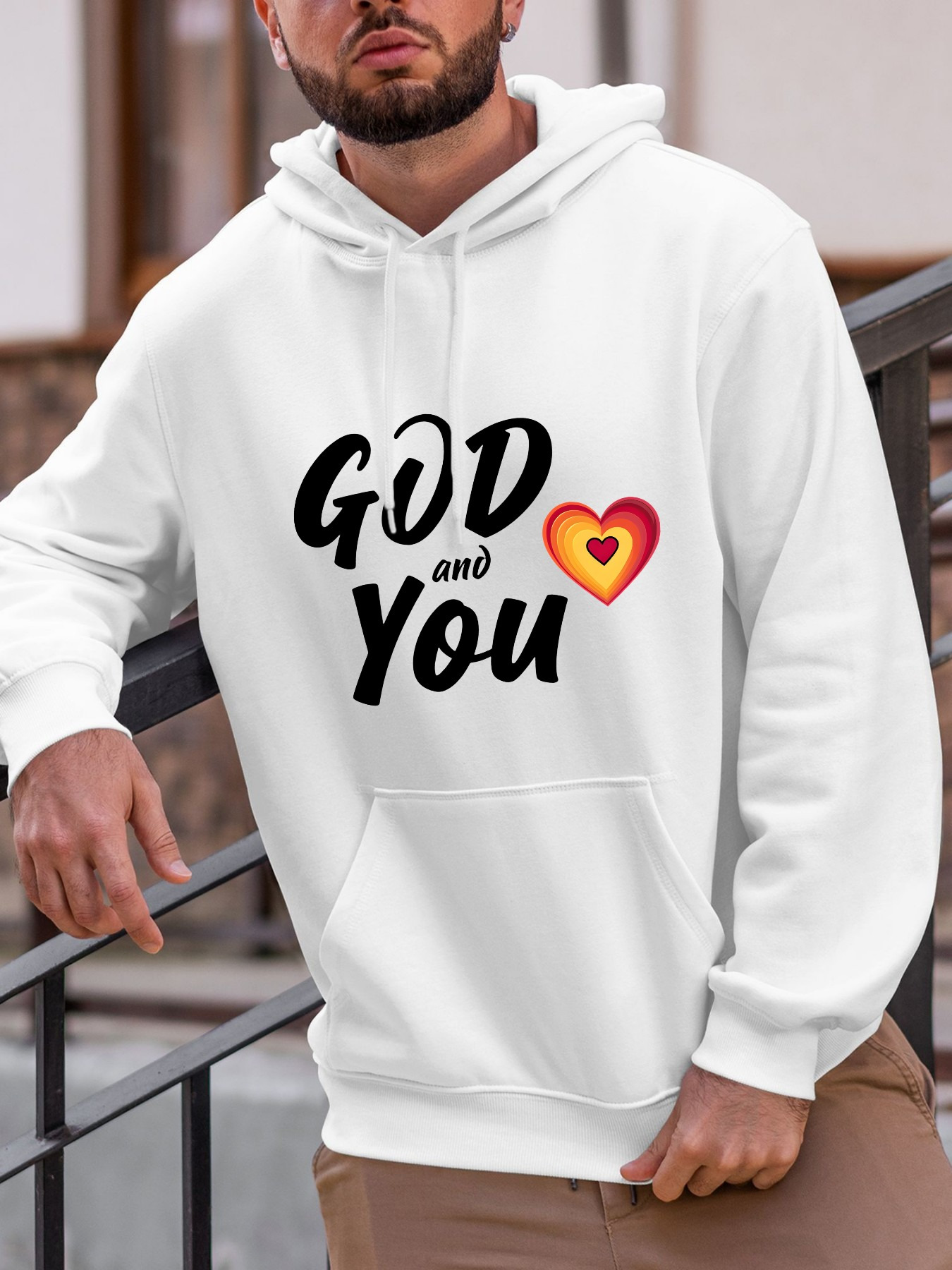 Tailorly Men's Printed Hoodie - God And You With Red And Yellow Heart Motif Hoodie