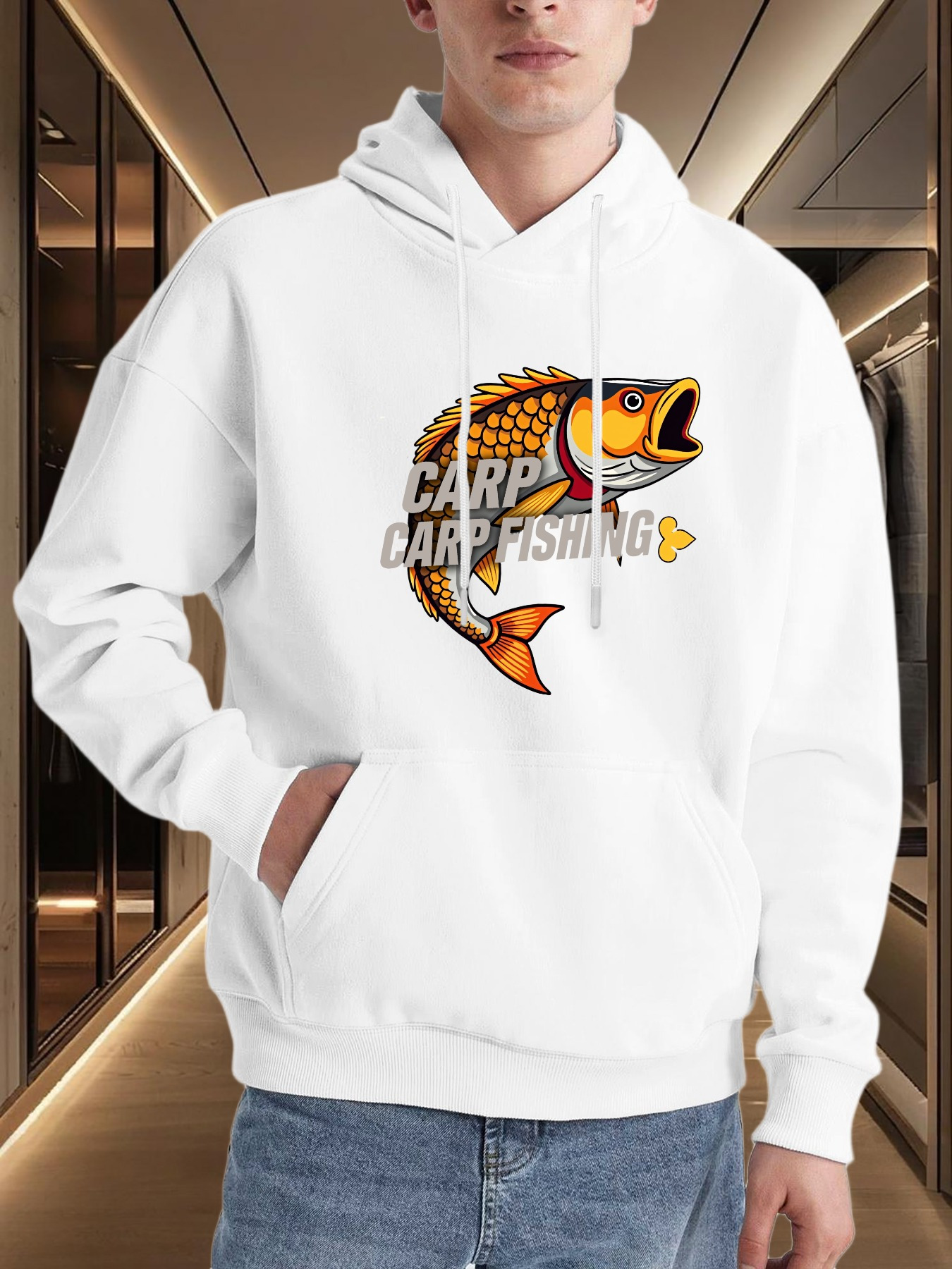 Tailorly Men's Printed Hoodie - Carp Fishing Adventure With Lively Splashing Golden Carp