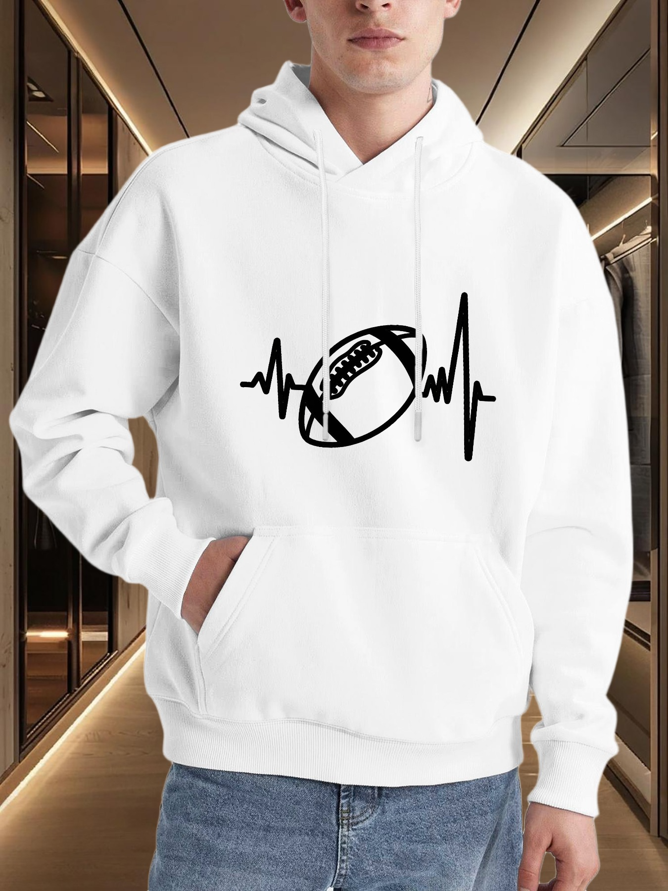 Tailorly Men's Printed Hoodie - Heartbeat Line With Classic American Football Centerpiece