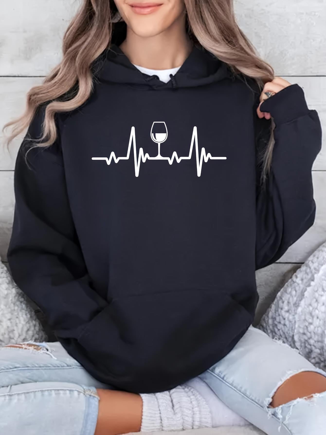 Tailorly Women's Printed Hoodie - Heartbeat Rhythm With Centered Wine Glass Graphic Hoodie
