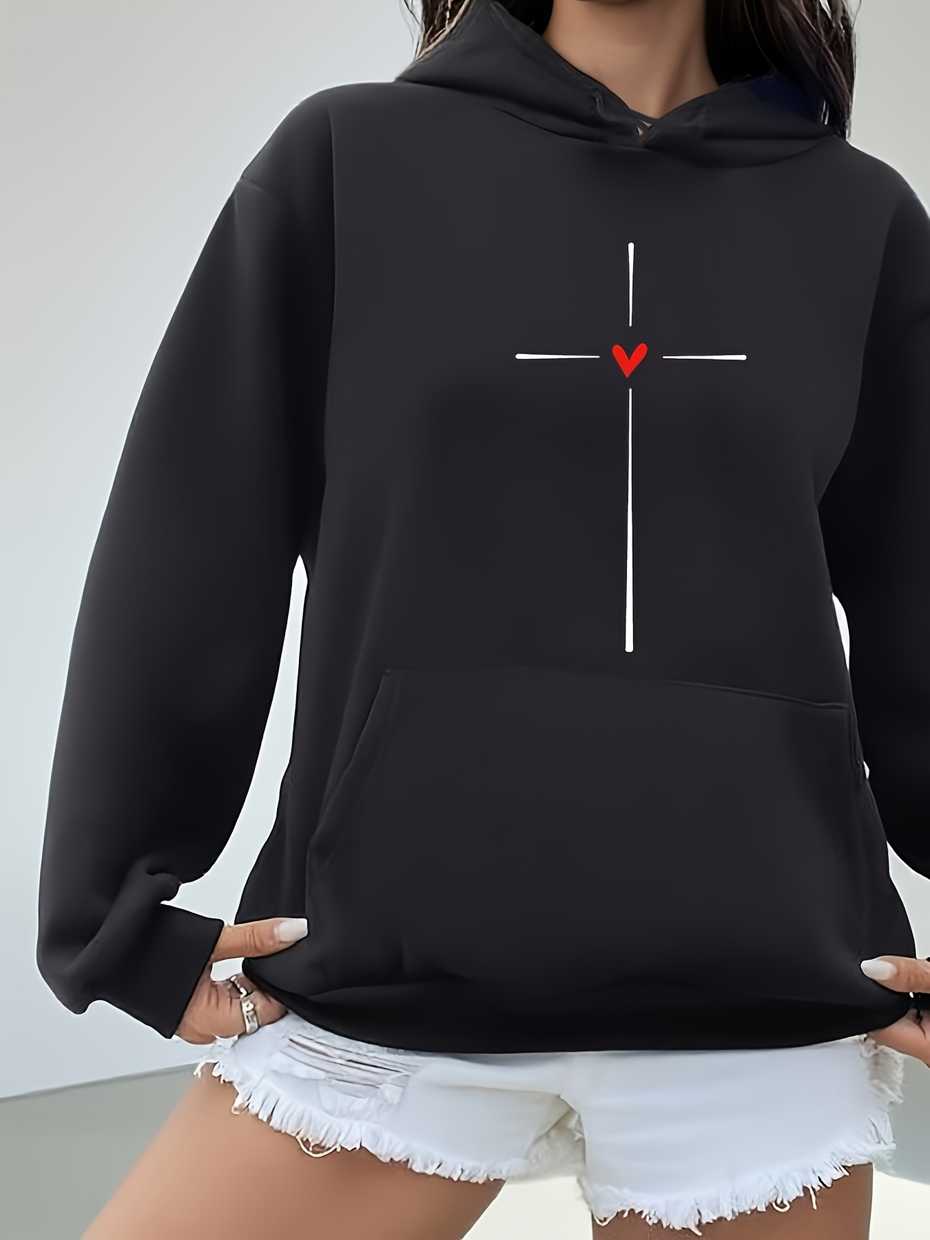 Tailorly Women's Printed Hoodie - Simple Cross With Red Heart On Black Hoodie