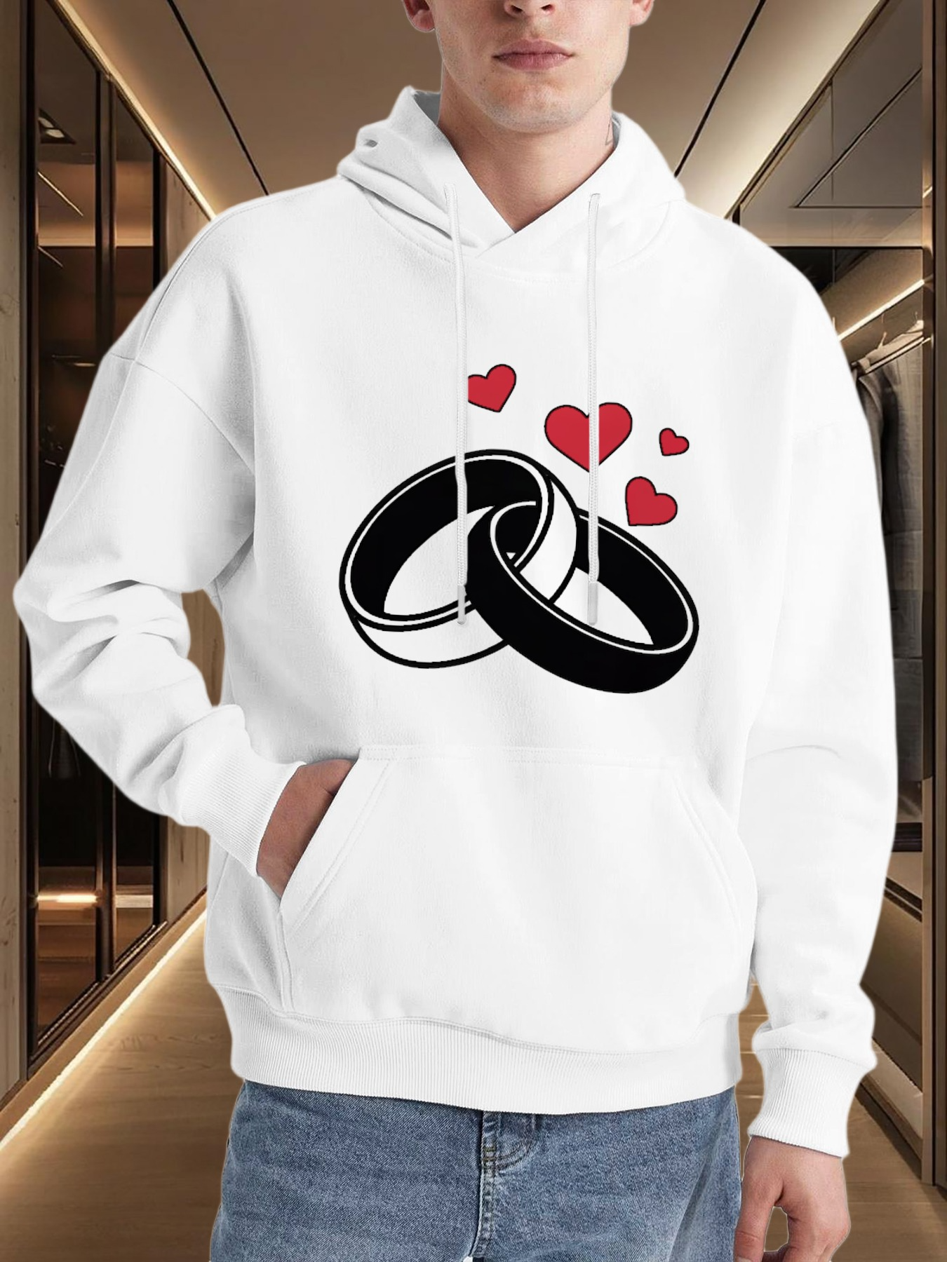 Tailorly Men's Printed Hoodie - Romantic Overlapping Rings With Floating Red Hearts Hoodie