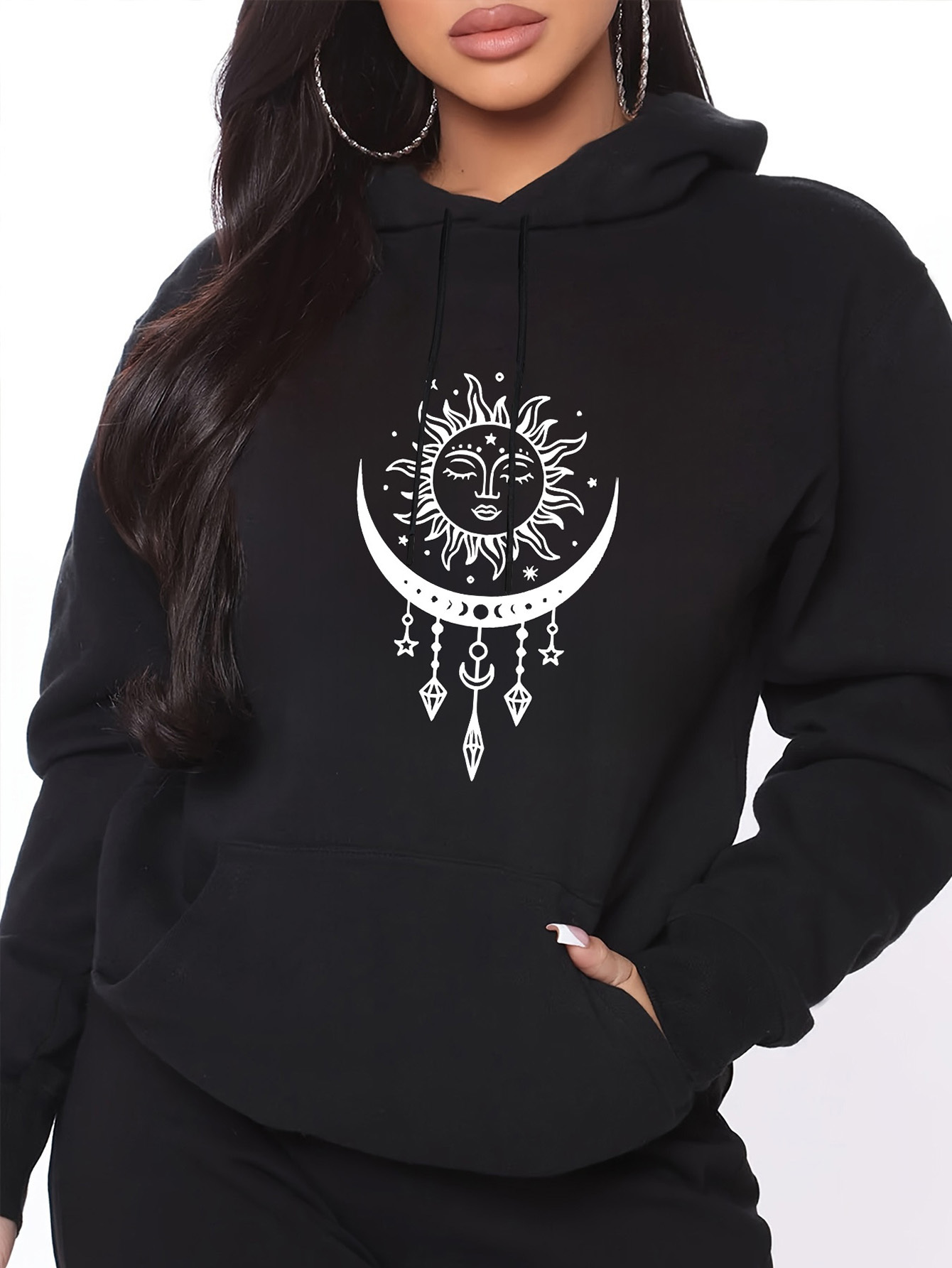 Tailorly Women's Printed Hoodie - Celestial Symbols With Crescent Moon And Radiant Night Sun