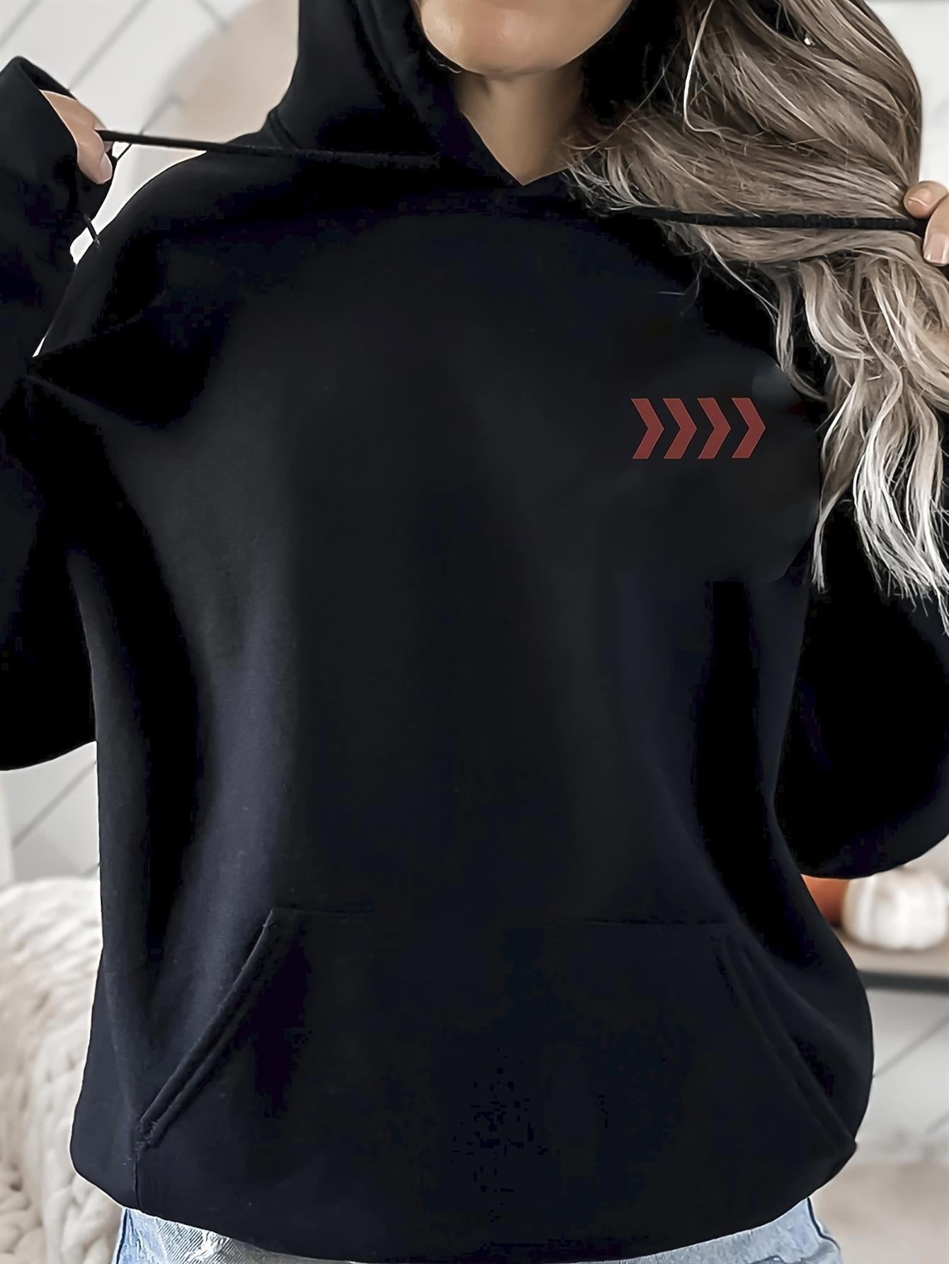 Tailorly Women's Printed Hoodie - Minimal Red Chevron Pattern On Simple Black Hoodie