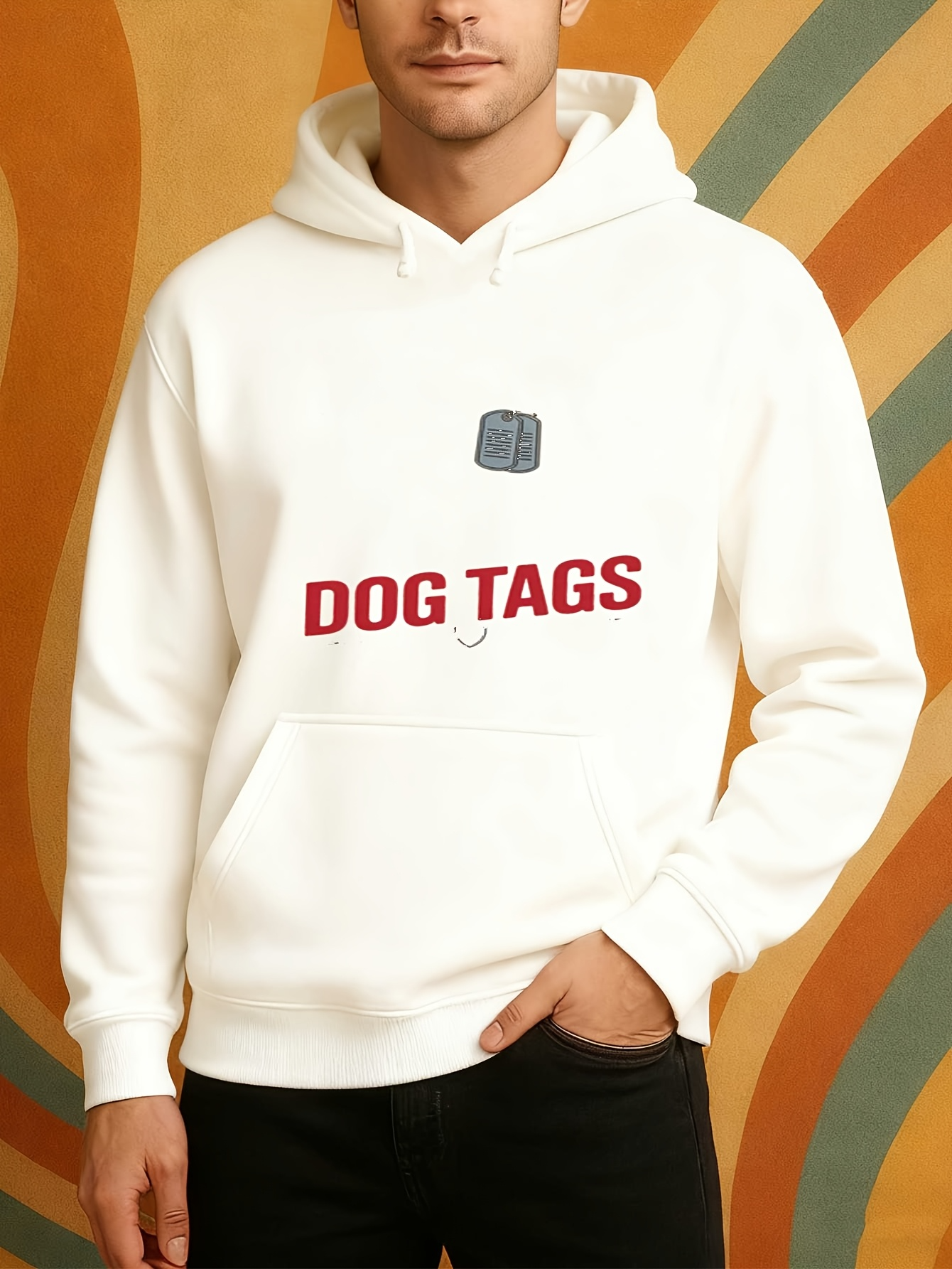 Tailorly Men's Printed Hoodie - Dog Tags Red Bold Letters With Classic Metal Tag Illustration Hoodie