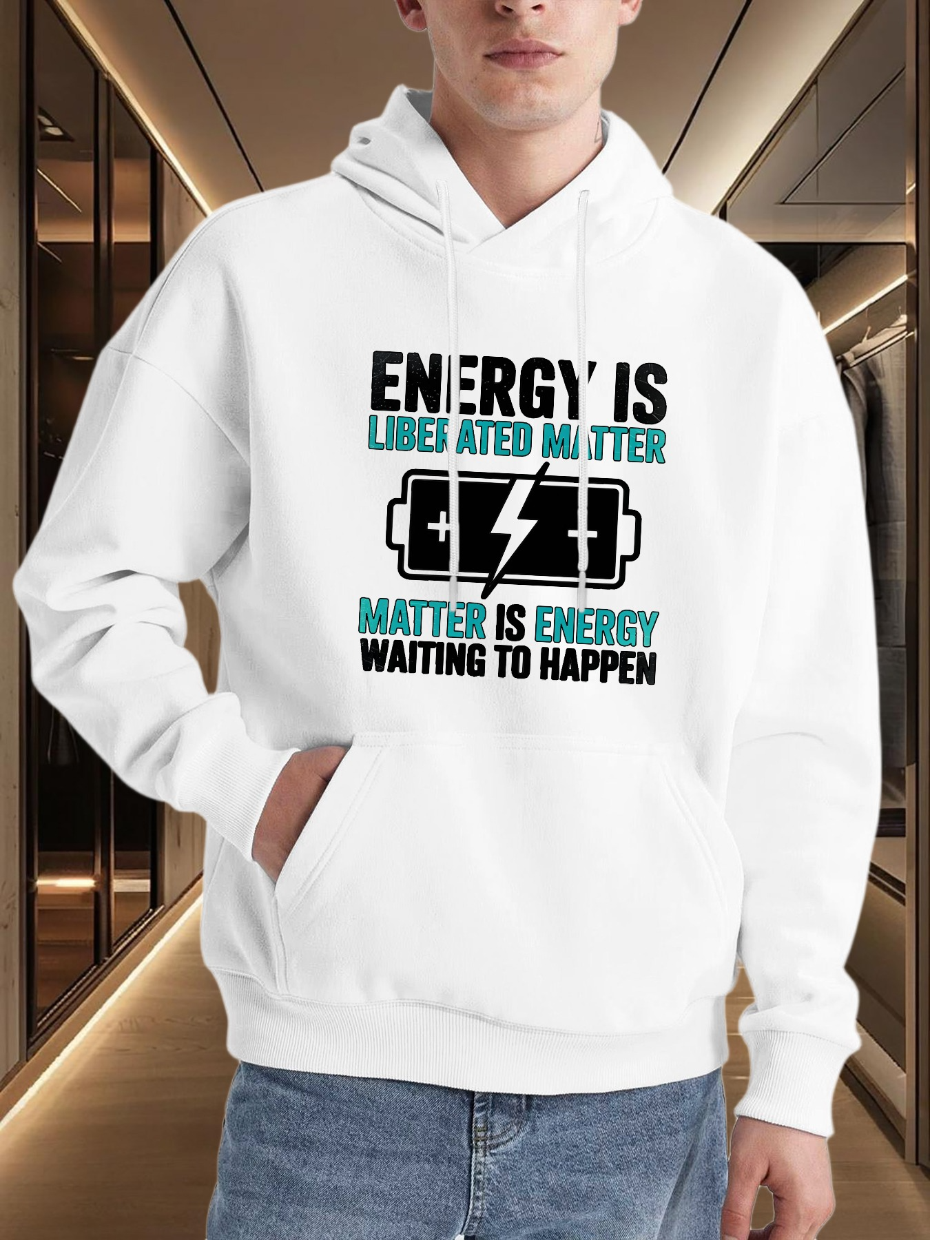 Tailorly Men's Printed Hoodie - Energy Is Liberated Matter With Lightning Icon And Battery Motif Hoodie