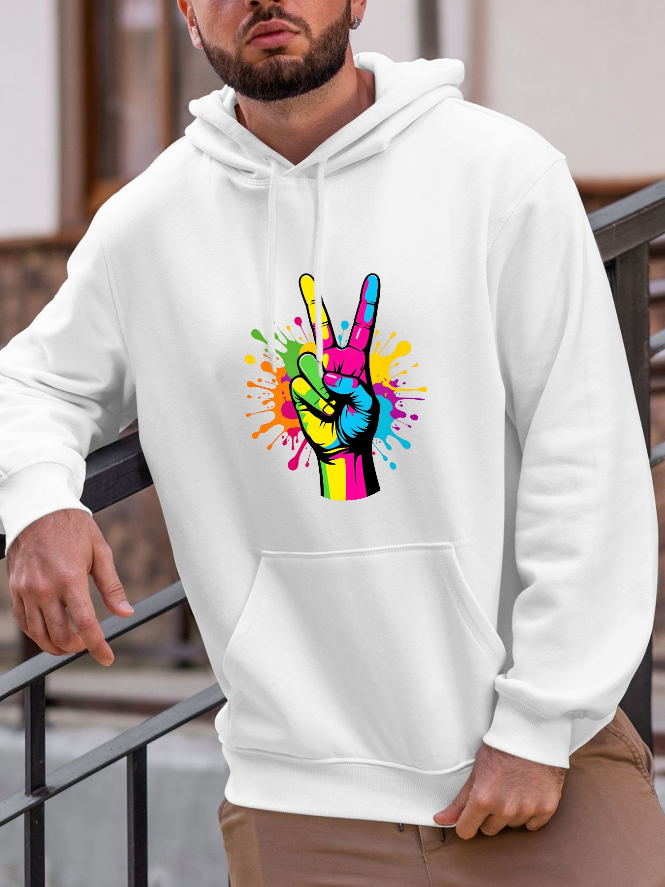 Tailorly Men's Printed Hoodie - Vivid Paint Splatters With Rainbow Fingers Creating Peace Hand
