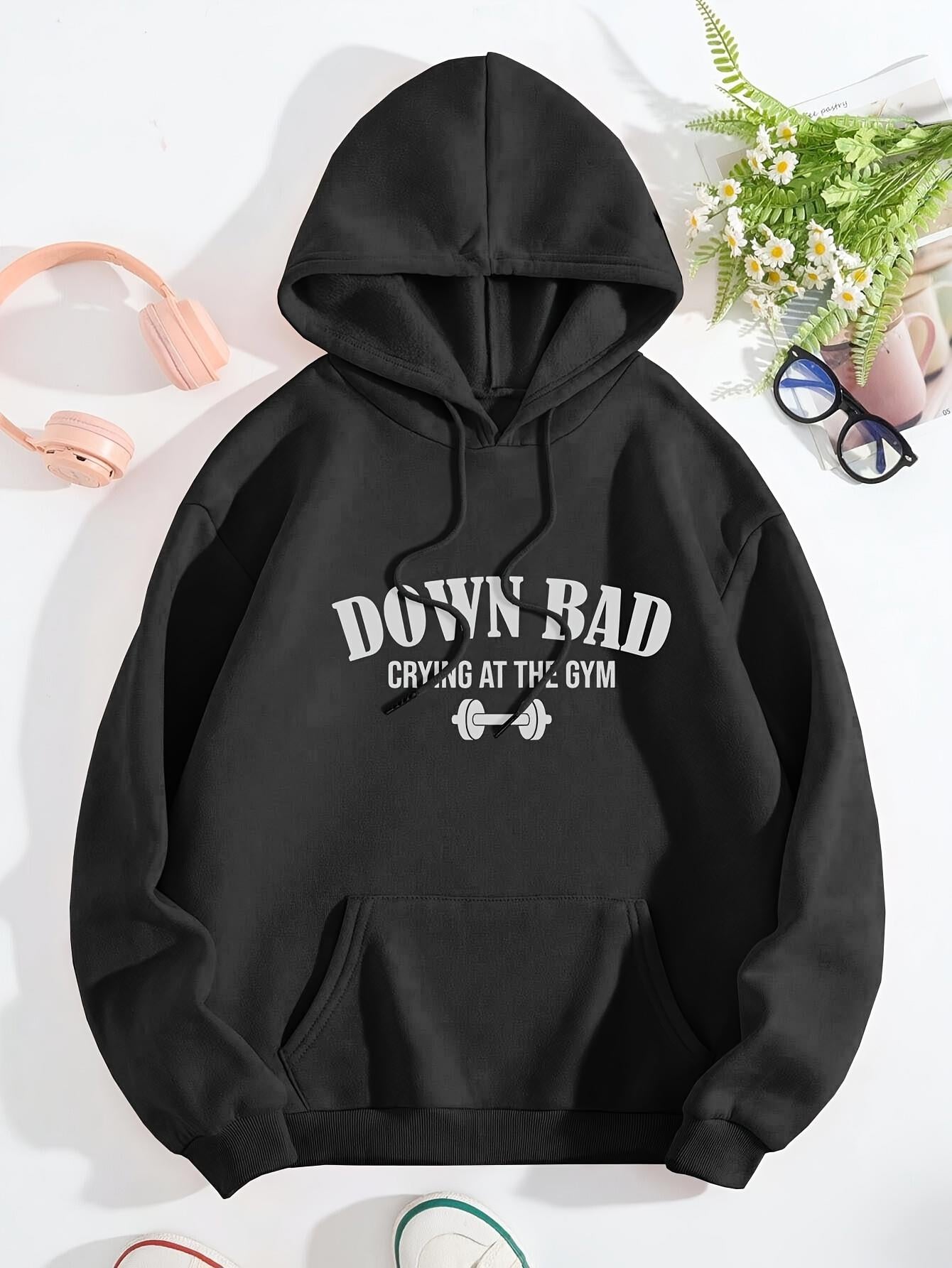 Tailorly Women's Printed Hoodie - Down Bad Crying At The Gym With Dumbbell Motif Centered On Hoodie