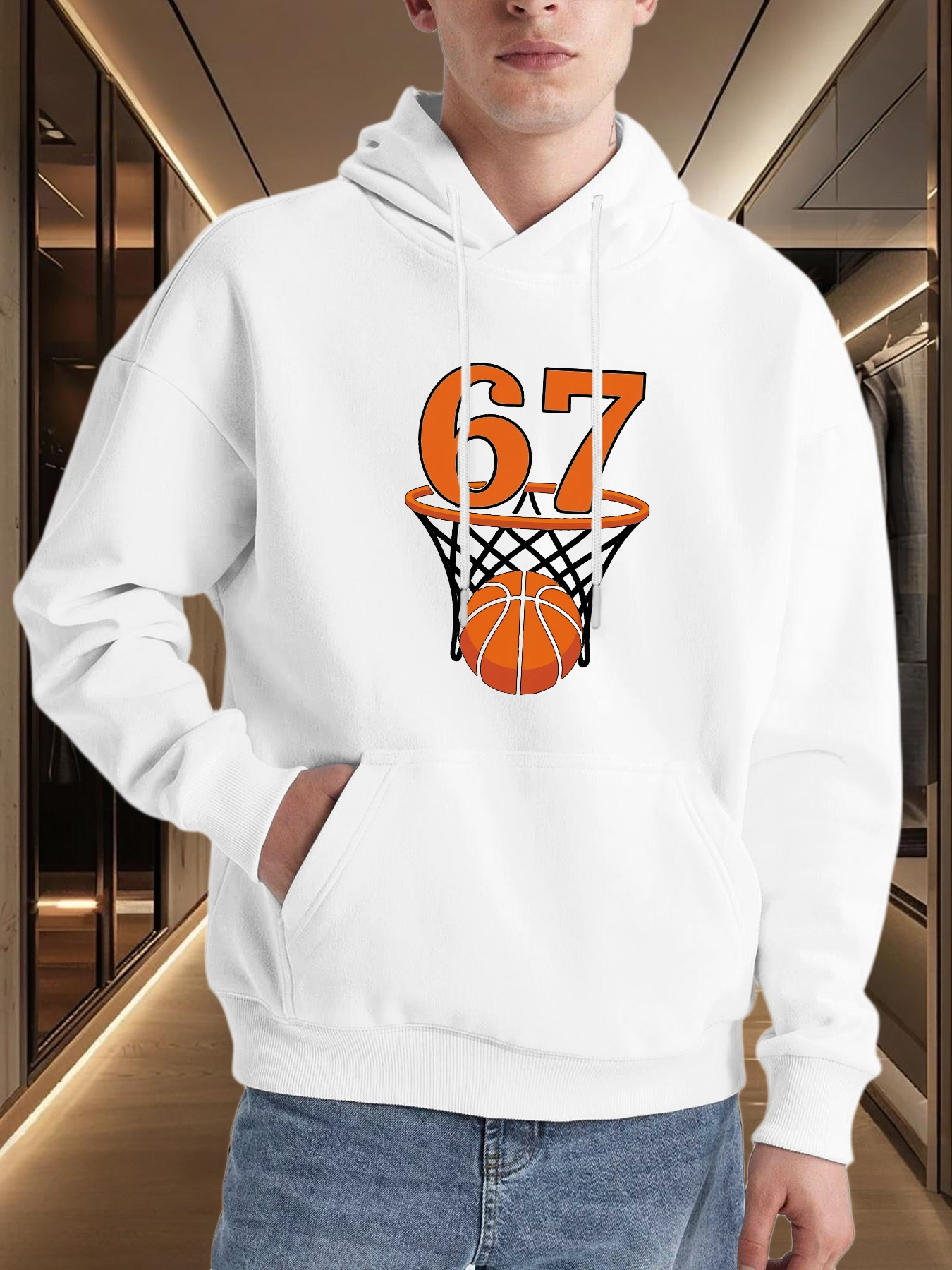 Tailorly Men's Printed Hoodie - Orange Number Sixty Seven With Basketball Net And Ball